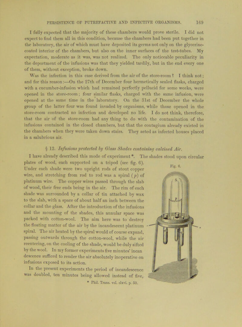 1 fully expected that the majority of these chambers would prove sterile. I did not expect to find them all in this condition, because the chambers had been put together in the laboratory, the air of which must have deposited its germs not only on the glycerine- coated interior of the chambers, but also on the inner surfaces of the test-tubes. My expectation, moderate as it was, was not realized. The only noticeable peculiarity in the deportment of the infusions was that they yielded tardily, but in the end every one of them, without exception, broke down. Was the infection in this case derived from the air of the store-room 1 I think not; and for this reason :—On the 27th of December four hermetically sealed flasks, charged with a cucumber-infusion which had remained perfectly pellucid for some weeks, were opened in the store-room; four similar flasks, charged with the same infusion, were opened at the same time in the laboratory. On the 31st of December the whole group of the latter four was found invaded by organisms, while those opened in the store-room contracted no infection and developed no life. I do not think, therefore, that the air of the store-room had any thing to do with the contamination of the infusions contained in the closed chambers, but that the contagium already existed in the chambers when they were taken down stairs. They acted as infected houses placed in a salubrious air. § 12. Infusions protected hy Glass Shades containing calcined Air. I have already described this mode of experiment *. The shades stood upon circular plates of wood, each supported on a tripod (see fig. 6). Under each shade were two upright rods of stout copper wire, and stretching from rod to rod was a spiral {p) of platinum wire. The copper wires passed through the slab of wood, their free ends being in the air. The rim of each shade was surrounded by a collar of tin attached by wax to the slab, with a space of about half an inch between the collar and the glass. After the introduction of the infusions and the mounting of the shades, this annular space was packed with cotton-wool. The aim here was to destroy the floating matter of the air by the incandescent platinum spiral. The air heated by the spiral would of course expand, passing outwards through the cotton-wool, while the air reentering, on the cooling of the shade, would be duly sifted by the wool. In my former experiments five minutes’ incan descence sufficed to render the air absolutely inoperative on infusions exposed to its action. In the present experiments the period of incandescence was doubled, ten minutes being allowed instead of five,- Fig. C.