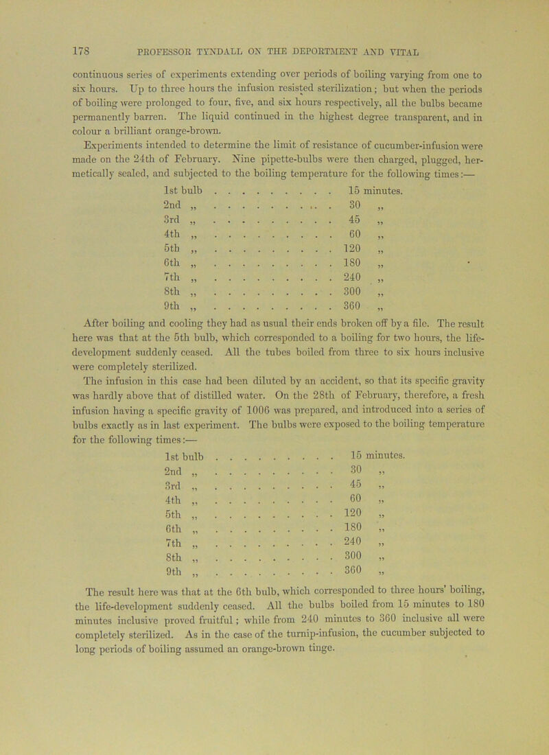 continuous series of experiments extending over periods of boiling varying from one to six hours. Up to three houre the infusion resisted sterilization; but when the periods of boiling ^vere prolonged to four, five, and six hours respectively, all the bulbs became permanently barren. The liquid continued in the highest degree transparent, and in colour a brilliant orange-brown. Experiments intended to determine the limit of resistance of cucumber-infusion were made on the 24th of February. Nine pipette-bulbs were then charged, plugged, her- metically sealed, and subjected to the boiling temperature for the following times:— 1st bulb 2nd „ 30 3rd „ 45 4th „ .... 60 5th ,, .... 120 5> 6th „ .... 180 5> 7th „ .... 240 8th ,, . . . . - 300 9th ,, 360 95 After boiling and cooling they had as usual their ends broken off by a file. The result here was that at the 5th bulb, which corresponded to a boiling for two hours, the life- development suddenly ceased. All the tubes boiled from three to six hours inclusive were completely sterilized. The infusion in this case had been diluted by an accident, so that its specific gravity was hardly above that of distilled water. On the 28th of Februaiy, therefore, a fresh infusion having a specific gravity of 1006 was prepared, and introduced into a series of bulbs exactly as in last experiment. The bulbs were exposed to the boiling temperature for the following times:— 1st bulb .... 15 minutes. 2nd „ .... 30 59 3rd ., .... 45 99 4th „ .... 60 59 5th ,, .... 120 99 6th „ .... 180 99 fth 240 99 8th „ .... 300 99 9th „ .... 360 99 The result here was that at the 6th bulb, which corresponded to three hours boiling, the life-development suddenly ceased. All the bulbs boiled from 15 minutes to ISO minutes inclusive proved fruitful; while from 240 minutes to 360 inclusive all were completely sterilized. As in the case of the turnip-infusion, the cucumber subjected to long periods of boiling assumed an orange-brown tinge.