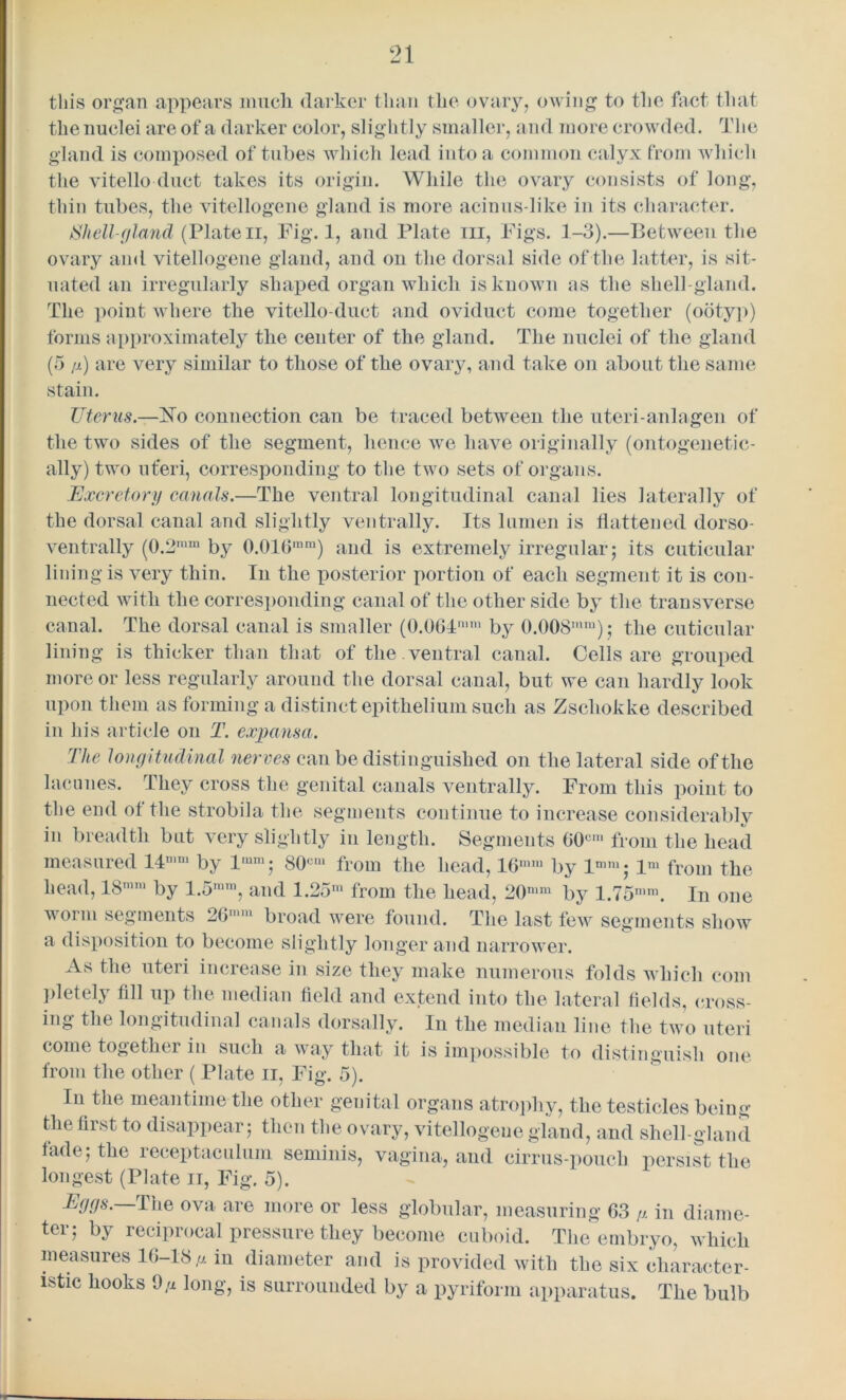 this organ appears much darker than the ovary, owing to the fact that the nuclei are of a darker color, slightly smaller, and more crowded. The gland is composed of tubes which lead into a common calyx from which the vitello duct takes its origin. While the ovary consists of long, thin tubes, the vitellogene gland is more acinus-like in its character. Shell-gland (Platen, Fig. 1, and Plate in. Figs. 1-3).—Between the ovary and vitellogene gland, and on the dorsal side of the latter, is sit- uated an irregularly shaped organ which is known as the shell-gland. The point where the vitello-duct and oviduct come together (ootyp) forms approximately the center of the gland. The nuclei of the gland (5 p) are very similar to those of the ovary, and take on about the same stain. Uterus.—FTo connection can be traced between the uteri-anlagen of the two sides of the segment, hence we have originally (ontogenetic- ally) two uteri, corresponding to the two sets of organs. Excretory canals.—The ventral longitudinal canal lies laterally of the dorsal canal and slightly ventrally. Its lumen is flattened dorso- ventrally (0.2mm by 0.016mm) and is extremely irregular; its cuticular lining is very thin. In the posterior portion of each segment it is con- nected with the corresponding canal of the other side by the transverse canal. The dorsal canal is smaller (0.064mm by 0.008mru); the cuticular lining is thicker than that of the ventral canal. Cells are grouped more or less regularly around the dorsal canal, but we can hardly look upon them as forming a distinct epithelium such as Zschokke described in his article on T. expansa. The longitudinal nerves can be distinguished on the lateral side of the lacunes. They cross the genital canals ventrally. From this point to the end of the strobila the segments continue to increase considerably in breadth but very slightly in length. Segments 60cm from the head measured 14nini by lmm; 80CI11 from the head, by 1™ from the head, 18mm by 1.5mra, and 1.25m from the head, 20mm by 1.75n,ni. In one worm segments 26m>» broad were found. The last few segments show a disposition to become slightly longer and narrower. As the uteri increase in size they make numerous folds which com pletely fill up the median field and extend into the lateral fields, cross- ing the longitudinal canals dorsally. In the median line the two uteri come together in such a way that it is impossible to distinguish one from the other ( Plate n, Fig. 5). In the meantime the other genital organs atrophy, the testicles being the first to disappear; then the ovary, vitellogene gland, and shell-gland fade; the reeeptaculum seminis, vagina, and cirrus-pouch persist the longest (Plate n, Fig. 5). Eggs. The ova are more or less globular, measuring 63 p in diame- ter; by reciprocal pressure they become cuboid. The embryo, which measures 16—18 p in diameter and is provided with the six character- istic hooks 9,a long, is surrounded by a pyriform apparatus. The bulb
