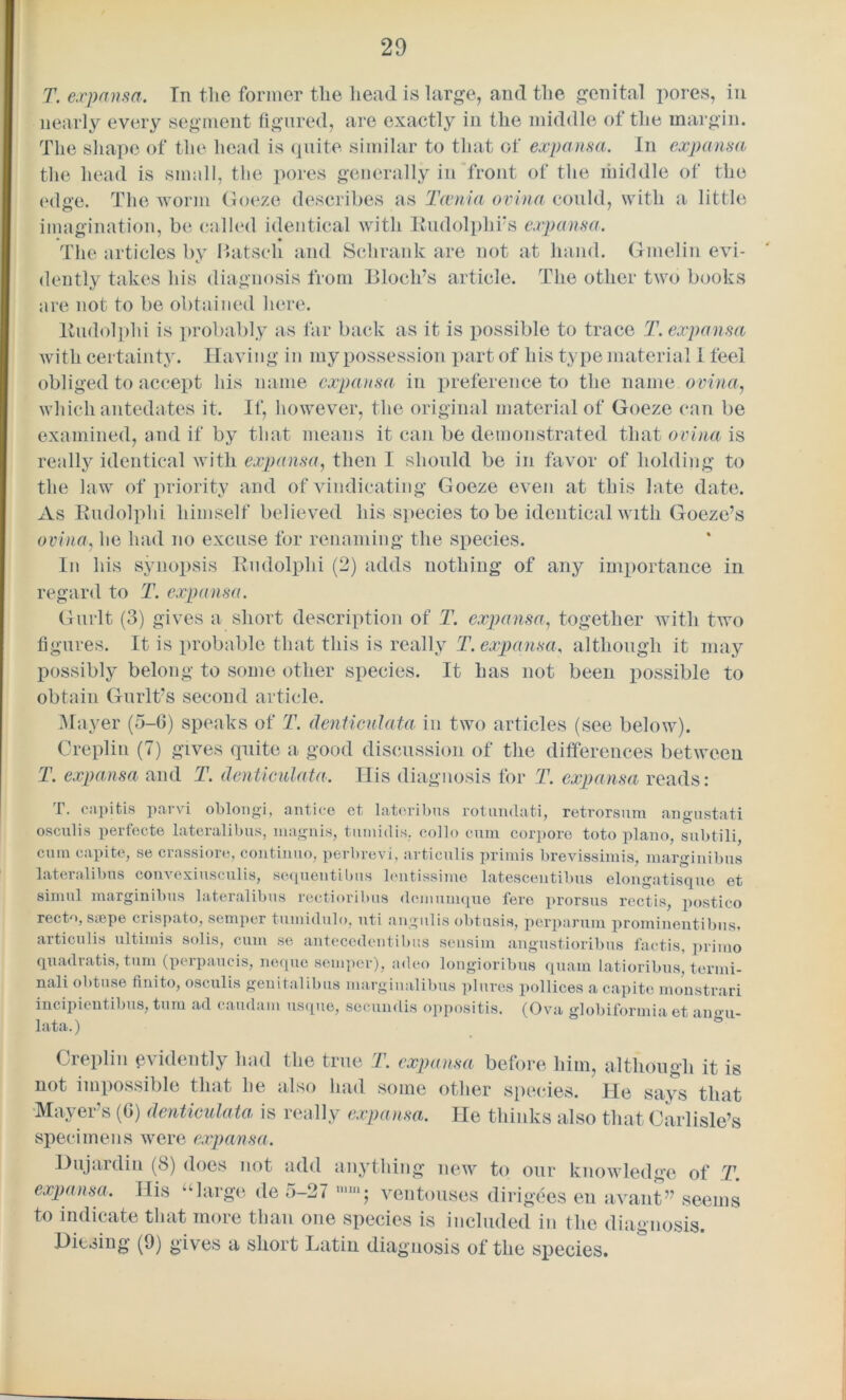 T. expans a. In the former the head is large, and the genital pores, in nearly every segment figured, are exactly in the middle of the margin. The shape of the head is quite similar to that of expansa. In expansa the head is small, the pores generally in front of the middle of the edge. The worm Goeze describes as Tcenia ovina could, with a little imagination, be called identical with Rudolph i’s expansa. • • The articles by Batscli and Schrank are not at hand. Gmelin evi- dently takes his diagnosis from Bloch’s article. The other two books are not to be obtained here. Rudolphi is probably as far back as it is possible to trace T. expansa with certainty. Having in my possession part of his type material 1 feel obliged to accept his name expansa in preference to the name ovina, which antedates it. If, however, the original material of Goeze can be examined, and if by that means it can be demonstrated that ovina is really identical with expansa, then I should be in favor of holding to the law of priority and of vindicating Goeze even at this late date. As Rudolphi himself believed his species to be identical with Goeze’s ovina, he had no excuse for renaming the species. In his synopsis Rudolphi (2) adds nothing of any importance in regard to T. expansa. Gurlt (3) gives a short description of T. expansa, together with two figures. It is probable that this is really T. expansa, although it may possibly belong to some other species. It has not been possible to obtain Gurlt’s second article. Mayer (5-6) speaks of T. dentieulata in two articles (see below). C re pi in (7) gives quite a good discussion of the differences between T. expansa and T. dentieulata. His diagnosis for T. expansa reads: T. capitis parvi oblongi, antic© et latoribus rotundati, retrorsum angustati osculis perfecte lateralibus, niagnis, tumid is. coilo cum corpore toto piano, subtili, cum capite, se crassiore, continue, perbrevi, articulis primis brevissimis, marginibus lateralibus convexiusculis, sequentibns lentissime latesceutibus elongatisque et simul marginibus lateralibus rectioribus dem unique fere prorsus rectis, postico recto, saepe crispato, semper tumidulo, uti angulis obtusis, perparum prominentibus, articulis ultimis solis, cum se antecedentibus sensim angustioribus factis, priino quadratis, turn (perpaucis, neque semper), adeo longioribus quam latioribus, terini- nali obtuse finito, osculis geuitalibus margiualibus plures pollices a capite monstrari incipientibus, turn ad caudam usque, secundis oppositis. (Ova globiformia et an«u lata.) ‘ & Creplin evidently had the true T. expansa before him, although it is not impossible that he also had some other species. He says that Mayer’s (6) dentieulata is really expansa. He thinks also that Carlisle’s specimens were expansa, Dujardin (8) does not add anything new to our knowledge of T. expansa. His “large de 5-27 111111 ; ventouses dirigees eu avail t” seems to indicate that more than one species is included in the diag Diesing (9) gives a short Latin diagnosis of the species. nosis.