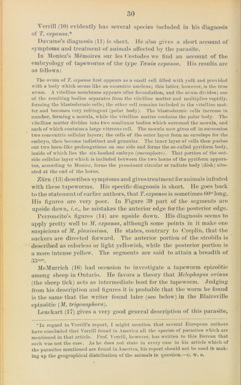 Verrill (10) evidently lias several species included in his diagnosis of T. expansa* Davaine’s diagnosis (11) is short. He also gives a short account of symptoms and treatment of animals affected by the parasite. In Moniez’s Memoires sur les Oestodes we find an account of the embryology of tapeworms of the type Taenia expansa. His results are as follows: The ovum of T. exp ansa first appears as a small cell filled with yolk and provided with a body which seems like an excentric nucleus; this latter, however, is the true ovum. A vitelline membrane appears after fecundation, and the ovum divides; one of the resulting bodies separates from the vitelline matter and multiplies rapidly, forming the blastodermic cells; the other cell remains included in the vitelline mat- ter and becomes very refringent (polar body). The blastodermic cells increase in number, forming a morula, while the vitelline matter contains the polar body. The vitelline matter divides into two semilunar bodies which surround the morula, and each of which contains a large vitreous cell. The morula now gives off in succession two concentric cellular layers; the cells of the outer layer form an envelope for the embryo, then become indistinct and granular. The inner layer of cells then pushes out two liorn-like prolongations on one side and forms the so-called pyriform body, inside of which lies the six-hooked embryo (oncosphere). That portion of the out- side cellular layer which is included between the two horns of the pyriform appara- tus, according to Moniez, forms the prominent circular or radiate body (disk) situ- ated at the end of the horns. Ziirn (13) describes symptoms and gives treatment for animals infested with these tapeworms. His specific diagnosis is short. He goes back to the statement of earlier authors, that T. expama is sometimes (>()’ long. His figures are very poor. In Figure 39 part of the segments are upside down, i. e., he mistakes the anterior edge forthe posterior edge. Perroncito’s figures (14) are upside down. His diagnosis seems to apply pretty well to M. expansa, although some points in it make one suspicious of M. planissima. He states, contrary to Creplin, that the suckers are directed forward. The anterior portion of the strobila is described as colorless or light yellowish, while the posterior portion is a more intense yellow. The segments are said to attain a breadth of 33mm. McMurrich (16) had occasion to investigate a tapeworm epizootic among sheep in Ontario. He favors a theory that Melophagus ovinus (the sheep tick) acts as intermediate host for the tapeworm. Judging from his description and figures it is probable that the worm lie found is the same that the writer found later (see below) in the Blairsville epizootic (M. trigonophora). Leuckart (17) gives a very good general description of this parasite, * In regard to VerrilTs report, I might mention that several European authors have concluded that Verrill found in America all the species of parasites which are mentioned in that article. Prof. Verrill, however, has written to this Bureau that such was not the case. Ashe does not state in every case in his article which of the parasites mentioned are found in America, his report should not be used in mak- ing up the geographical distribution of the animals in question.—c* W. s.