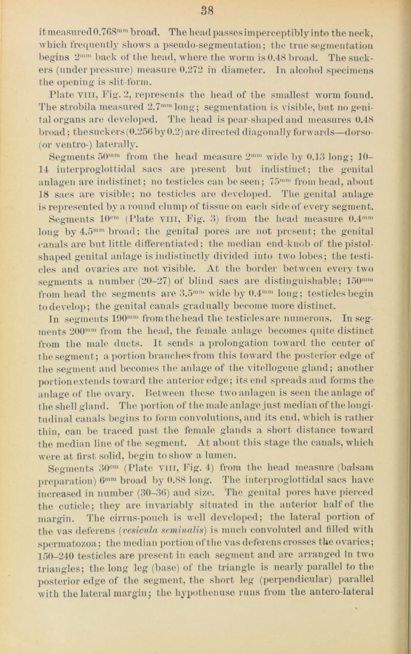 it measured 0.768mm broad. The head passes imperceptibly into the neck, which frequently shows a pseudo-segmentation; the true segmentation begins 2ml back of the head, where the worm is 0.48 broad. The suck- ers (under pressure) measure 0.272 in diameter. In alcohol specimens the opening is slit-form. Plate viii, Fig. 2, represents the head of the smallest worm found. The strobila measured 2.7,nmlong; segmentation is visible, but no geni- tal organs are developed. The head is pear-shaped and measures 0.4S broad; thesuckers (0.256 by 0.2) are directed diagonally forwards—dorso- (or ventro-) laterally. Segments 50,nm from the head measure 2luni wide by 0.13 long; 30- 14 interproglottidal sacs are present but indistinct; the genital anlagen are indistinct; no testicles can be seen; 75n,ni from head, about 38 sacs are visible; no testicles are developed. The genital anlage is represented by a round clump of tissue on each side of every segment. Segments 10cni (Plate viii, Fig. 3) from the head measure 0.4nim long by 4.5mm broad; the genital pores are not present; the genital canals are but little differentiated; the median end-knob of the pistol- shaped genital anlage is indistinctly divided into two lobes; the testi- cles and ovaries are not visible. At the border between every two segments a number (20-27) of blind sacs are distinguishable; 150,um from head the segments are 3.5mm wide by 0.4m,n long; testicles begin to develop; the genital canals gradually become more distinct. In segments 190,um fromthehead the testicles are numerous. In seg- ments 200nun from the head, the female anlage becomes quite distinct from the male ducts. It sends a prolongation toward the center of the segment; a portion branches from this toward the posterior edge of the segment and becomes the anlage of the vitellogene gland; another portion extends toward the anterior edge; its end spreads and forms the anlage of the ovary. Between these two anlagen is seen the anlage of the shell gland. The portion of the male anlage just median of the longi- tudinal canals begins to form convolutions, and its end, which is rather thin, can be traced past the female glands a short distance toward the median line of the segment. At about this stage the canals, which were at first solid, begin to show a lumen. Segments 30om (Plate yiit, Fig. 4) from the head measure (balsam preparation) 6™“ broad by 0.88 long. The interproglottidal sacs have increased in number (30-36) and size. The genital pores have pierced the cuticle; they are invariably situated in the anterior half of the margin. The cirrus-pouch is well developed; the lateral portion of the vas deferens (vesicula seminalis) is much convoluted and filled with spermatozoa; the median portion of the vas deferens crosses the ovaries; 150-240 testicles are present in each segment and are arranged in two triangles; the long leg (base) of the triangle is nearly parallel to the posterior edge of the segment, the short leg (perpendicular) parallel with the lateral margin; the hypothenuse runs from the antero-lateral