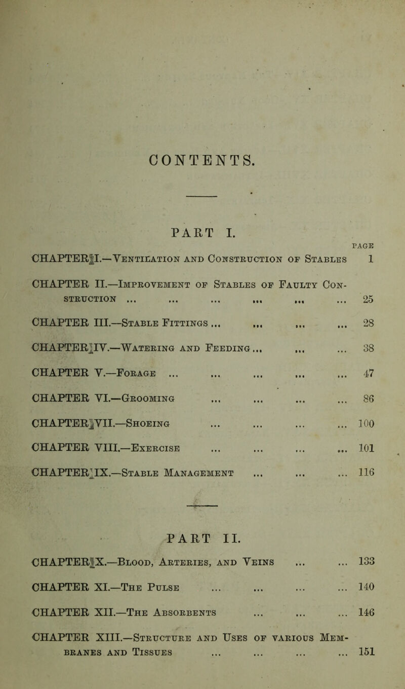 CONTENTS PART I. PAGE OHAPTERJI.—Ventilation and Construction of Stables 1 CHAPTER II.—Improvement of Stables of Faulty Con- struction ... ... ... ... ... 25 CHAPTER III.—Stable Fittings ... ... ... ... 28 CHAPTERjTV.—Watering and Feeding,., ... ... 38 CHAPTER V— Forage ... ... ... ... ... 47 CHAPTER YI.—Grooming ... ... ... ... 86 CHAPTER JYEI.—Shoeing ... ... ... ... 100 CHAPTER VIII.—Exercise 101 CHAPTERHX.—Stable Management ... ... ... 116 PART II. CHAPTERpL—Blood, Arteries, and Veins ... ... 133 CHAPTER XI.—The Pulse 140 CHAPTER XII.—The Absorbents ... ... ... 146 CHAPTER XIII.—Structure and Uses of various Mem- branes and Tissues ... ... ... ... 151