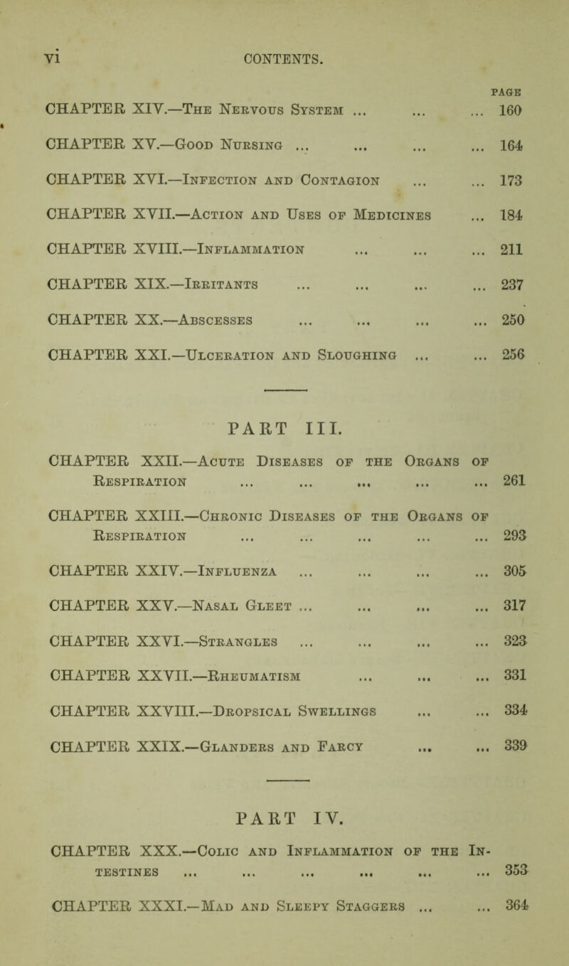 PAGE CHAPTER XIV.—The Nervous System ... ... ... 160 CHAPTER XV.—Good Nursing ... ... ... ... 164 CHAPTER XVI.—Infection and Contagion ... ... 173 CHAPTER XVII.—Action and Uses of Medicines ... 184 CHAPTER XVIII.—Inflammation ... ... ... 211 CHAPTER XIX.—Irritants ... ... ... ... 237 CHAPTER XX.—Abscesses ... ... ... ... 250 CHAPTER XXI.—Ulceration and Sloughing ... ... 256 PART III. CHAPTER XXII.—Acute Diseases of the Organs of Respiration ... ... ... ... ... 261 CHAPTER XXIII.—Chronic Diseases of the Organs of Respiration ... ... ... ... ... 293 CHAPTER XXIV.—Influenza 305 CHAPTER XXV.—Nasal Gleet 317 CHAPTER XXVI.—Strangles 323 CHAPTER XXVII.—Rheumatism 331 CHAPTER XXVIII.—Dropsical Swellings 334 CHAPTER XXIX.—Glanders and Farcy ... ... 339 PART IY. CHAPTER XXX.—Colic and Inflammation of the In- testines ... ... ... ... ... ... 353 CHAPTER XXXI.—Mad and Sleepy Staggers ... ... 364