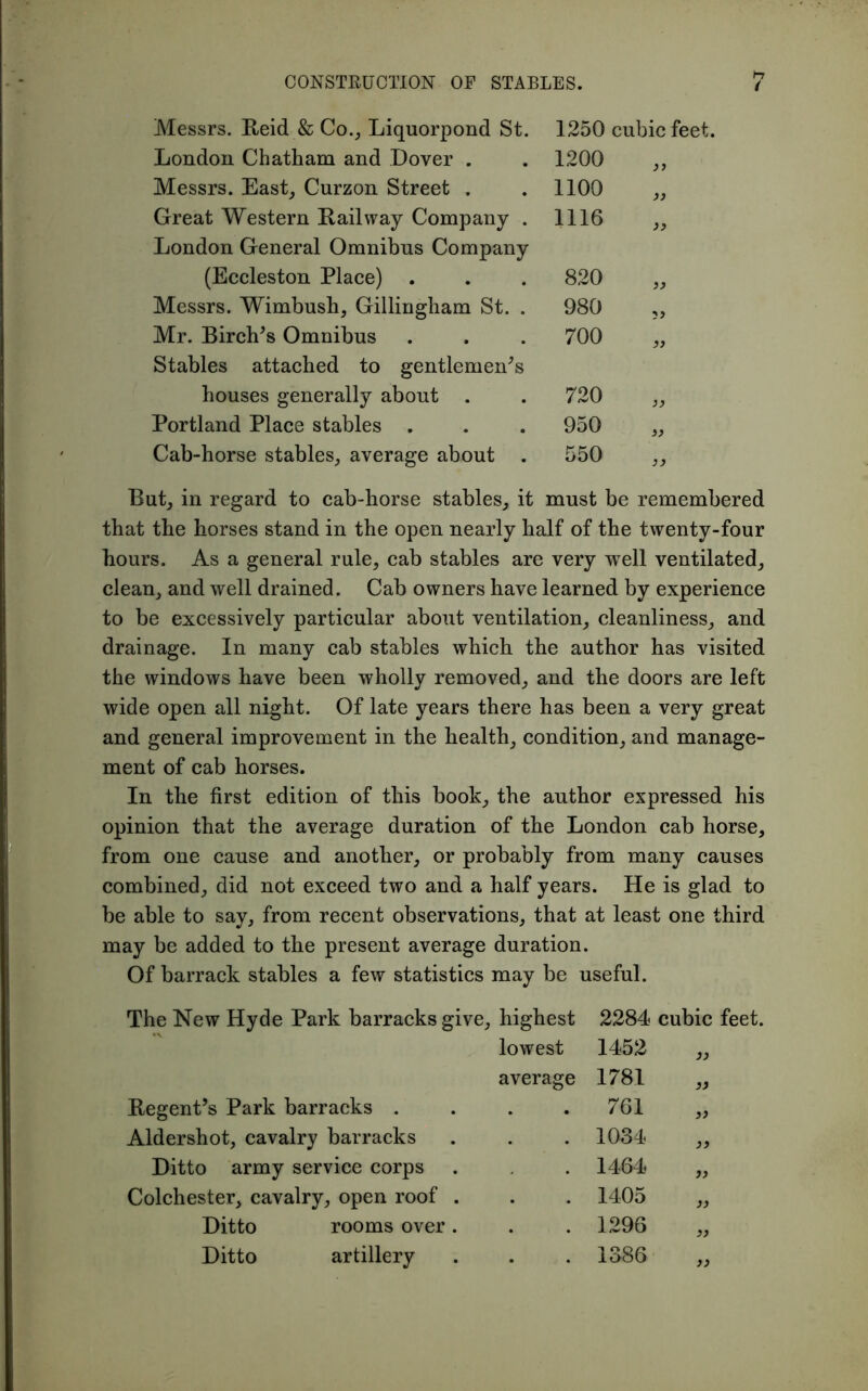 1-7 Messrs. Reid & Co., Liquorpond St. 1250 cubic feet. London Chatham and Dover . 1200 >> Messrs. East, Curzon Street . 1100 )) Great Western Railway Company . 1116 )> London General Omnibus Company (Eccleston Place) 820 33 Messrs. Wimbush, Gillingham St. . 980 ;j Mr. Birches Omnibus 700 )> Stables attached to gentlemen’s houses generally about . 720 33 Portland Place stables . 950 >> Cab-horse stables, average about . 550 33 But, in regard to cab-horse stables, it must be remembered that the horses stand in the open nearly half of the twenty-four hours. As a general rule, cab stables are very well ventilated, clean, and well drained. Cab owners have learned by experience to be excessively particular about ventilation, cleanliness, and drainage. In many cab stables which the author has visited the windows have been wholly removed, and the doors are left wide open all night. Of late years there has been a very great and general improvement in the health, condition, and manage- ment of cab horses. In the first edition of this book, the author expressed his opinion that the average duration of the London cab horse, from one cause and another, or probably from many causes combined, did not exceed two and a half years. He is glad to be able to say, from recent observations, that at least one third may be added to the present average duration. Of barrack stables a few statistics may be useful. The New Hyde Park barracks give, highest 2284 cubic feet. lowest 1452 33 average 1781 33 Regent’s Park barracks . . 761 33 Aldershot, cavalry barracks . 1034 33 Ditto army service corps 1464 33 Colchester, cavalry, open roof . . 1405 33 Ditto rooms over . . 1296 33 Ditto artillery . 1386 33