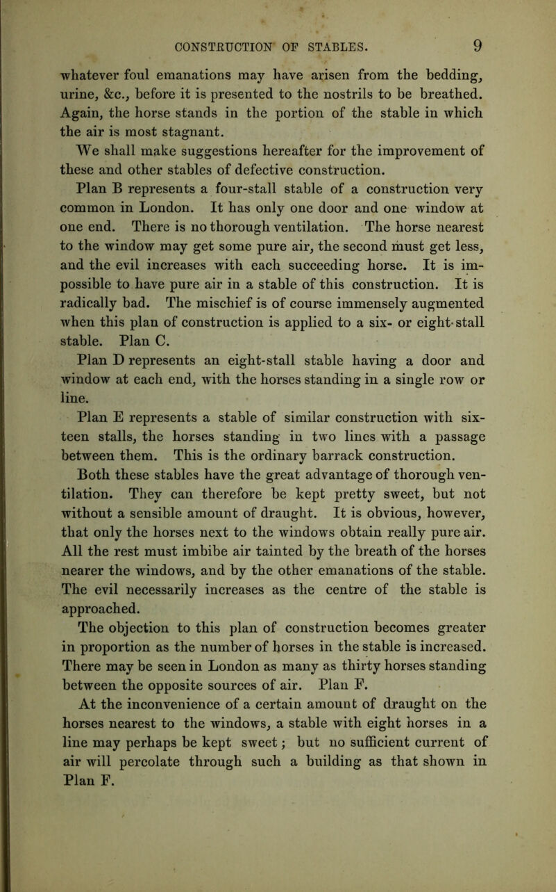 whatever foul emanations may have arisen from the bedding, urine, &c., before it is presented to the nostrils to be breathed. Again, the horse stands in the portion of the stable in which the air is most stagnant. We shall make suggestions hereafter for the improvement of these and other stables of defective construction. Plan B represents a four-stall stable of a construction very common in London. It has only one door and one window at one end. There is no thorough ventilation. The horse nearest to the window may get some pure air, the second must get less, and the evil increases with each succeeding horse. It is im- possible to have pure air in a stable of this construction. It is radically bad. The mischief is of course immensely augmented when this plan of construction is applied to a six- or eight* stall stable. Plan C. Plan D represents an eight-stall stable having a door and window at each end, with the horses standing in a single row or line. Plan E represents a stable of similar construction with six- teen stalls, the horses standing in two lines with a passage between them. This is the ordinary barrack construction. Both these stables have the great advantage of thorough ven- tilation. They can therefore be kept pretty sweet, but not without a sensible amount of draught. It is obvious, however, that only the horses next to the windows obtain really pure air. All the rest must imbibe air tainted by the breath of the horses nearer the windows, and by the other emanations of the stable. The evil necessarily increases as the centre of the stable is approached. The objection to this plan of construction becomes greater in proportion as the number of horses in the stable is increased. There may be seen in London as many as thirty horses standing between the opposite sources of air. Plan F. At the inconvenience of a certain amount of draught on the horses nearest to the windows, a stable with eight horses in a line may perhaps be kept sweet; but no sufficient current of air will percolate through such a building as that shown in Plan F.