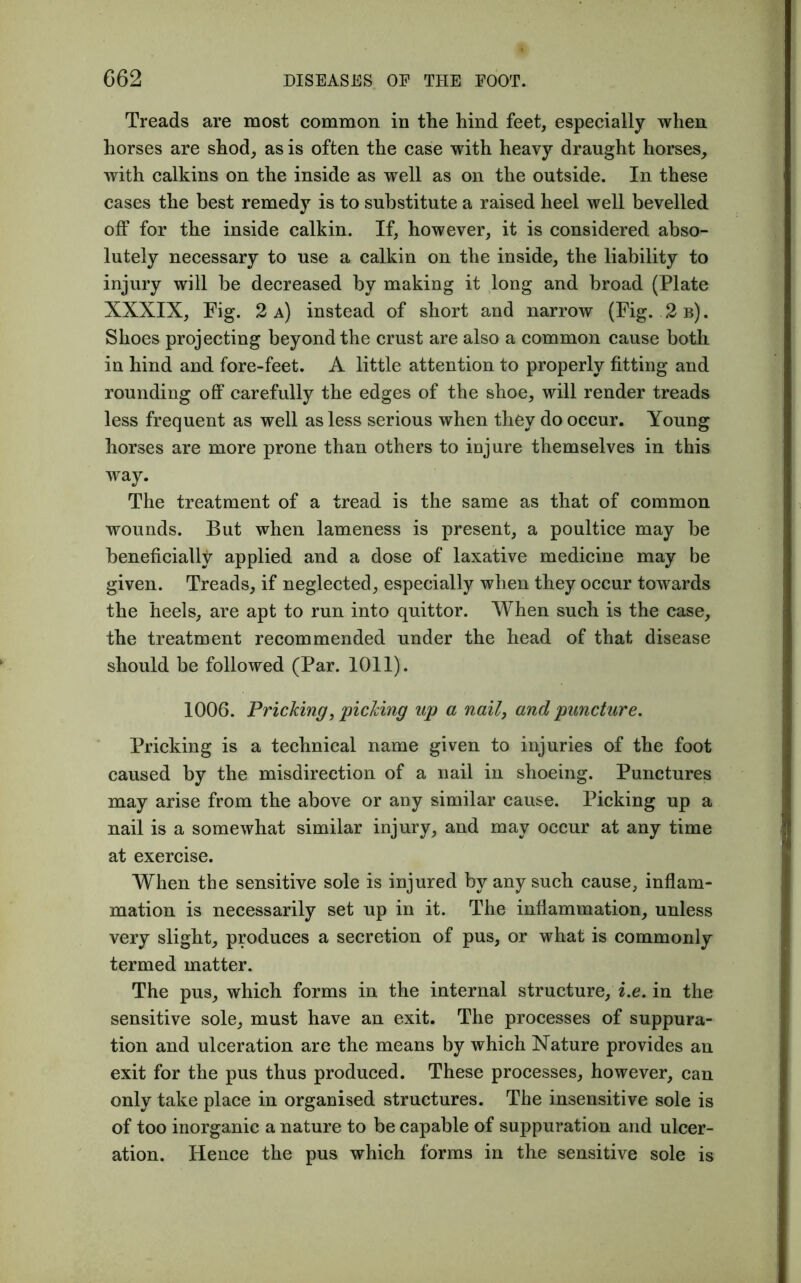 Treads are most common in the hind feet, especially when horses are shod, as is often the case with heavy draught horses, with calkins on the inside as well as on the outside. In these cases the best remedy is to substitute a raised heel well bevelled off for the inside calkin. If, however, it is considered abso- lutely necessary to use a calkin on the inside, the liability to injury will be decreased by making it long and broad (Plate XXXIX, Fig. 2 a) instead of short and narrow (Fig. 2 b). Shoes projecting beyond the crust are also a common cause both in hind and fore-feet. A little attention to properly fitting and rounding off carefully the edges of the shoe, will render treads less frequent as well as less serious when they do occur. Young horses are more prone than others to injure themselves in this way. The treatment of a tread is the same as that of common wounds. But when lameness is present, a poultice may be beneficially applied and a dose of laxative medicine may be given. Treads, if neglected, especially when they occur towards the heels, are apt to run into quittor. When such is the case, the treatment recommended under the head of that disease should be followed (Par. 1011). 1006. Pricking, picking up a nail, and puncture. Pricking is a technical name given to injuries of the foot caused by the misdirection of a nail in shoeing. Punctures may arise from the above or any similar cause. Picking up a nail is a somewhat similar injury, and may occur at any time at exercise. When the sensitive sole is injured by any such cause, inflam- mation is necessarily set up in it. The inflammation, unless very slight, produces a secretion of pus, or what is commonly termed matter. The pus, which forms in the internal structure, i.e. in the sensitive sole, must have an exit. The processes of suppura- tion and ulceration are the means by which Nature provides an exit for the pus thus produced. These processes, however, can only take place in organised structures. The insensitive sole is of too inorganic a nature to be capable of suppuration and ulcer- ation. Hence the pus which forms in the sensitive sole is