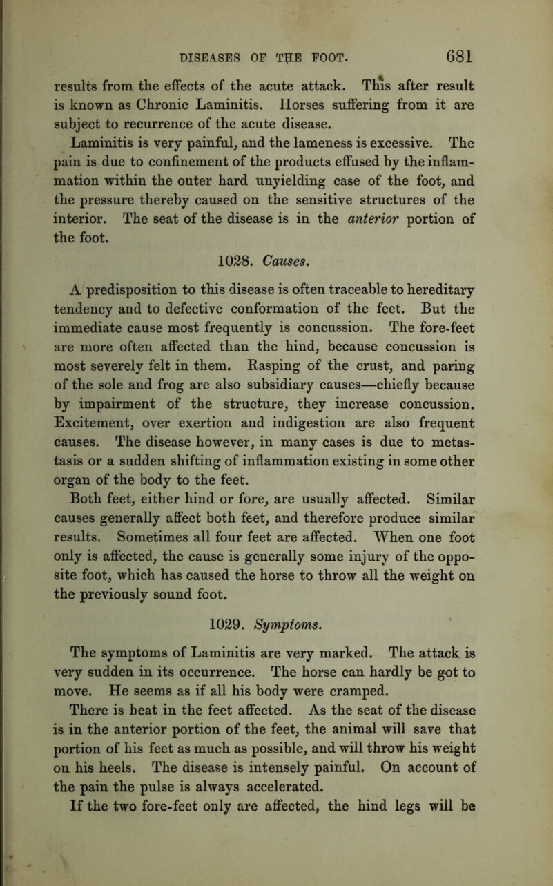 results from the effects of the acute attack. This after result is known as Chronic Laminitis. Horses suffering from it are subject to recurrence of the acute disease. Laminitis is very painful, and the lameness is excessive. The pain is due to confinement of the products effused by the inflam- mation within the outer hard unyielding case of the foot, and the pressure thereby caused on the sensitive structures of the interior. The seat of the disease is in the anterior portion of the foot. 1028. Causes. A predisposition to this disease is often traceable to hereditary tendency and to defective conformation of the feet. But the immediate cause most frequently is concussion. The fore-feet are more often affected than the hind, because concussion is most severely felt in them. Rasping of the crust, and paring of the sole and frog are also subsidiary causes—chiefly because by impairment of the structure, they increase concussion. Excitement, over exertion and indigestion are also frequent causes. The disease however, in many cases is due to metas- tasis or a sudden shifting of inflammation existing in some other organ of the body to the feet. Both feet, either hind or fore, are usually affected. Similar causes generally affect both feet, and therefore produce similar results. Sometimes all four feet are affected. When one foot only is affected, the cause is generally some injury of the oppo- site foot, which has caused the horse to throw all the weight on the previously sound foot. 1029. Symptoms. The symptoms of Laminitis are very marked. The attack is very sudden in its occurrence. The horse can hardly be got to move. He seems as if all his body were cramped. There is heat in the feet affected. As the seat of the disease is in the anterior portion of the feet, the animal will save that portion of his feet as much as possible, and will throw his weight on his heels. The disease is intensely painful. On account of the pain the pulse is always accelerated. If the two fore-feet only are affected, the hind legs will be