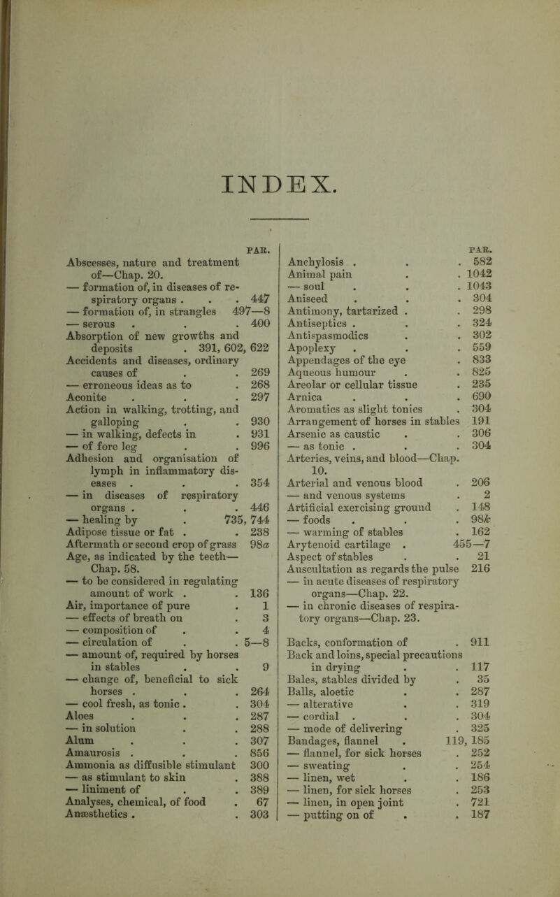 INDEX PAR. Abscesses, nature and treatment of—Chap. 20. — formation of, in diseases of re- spiratory organs . . . 447 — formation of, in strangles 497—8 — serous . . . 400 Absorption of new growths and deposits . 391, 602, 622 Accidents and diseases, ordinary causes of . . 269 — erroneous ideas as to . 268 Aconite . . . 297 Action in walking, trotting, and galloping . . 930 •— in walking, defects in . 931 — of fore leg . . 996 Adhesion and organisation of lymph in inflammatory dis- eases . . . 354 — in diseases of respiratory organs . . . 446 — healing by . 735, 744 Adipose tissue or fat . . 238 Aftermath or second crop of grass 98& Age, as indicated by the teeth— Chap. 58. — to be considered in regulating amount of work . . 136 Air, importance of pure . 1 — effects of breath on . 3 — composition of .4 —- circulation of . . 5—8 — amount of, required by horses in stables . . 9 — change of, beneficial to sick horses . . . 264 — cool fresh, as tonic . . 304 Aloes . . . 287 — in solution . . 288 Alum . . . 307 Amaurosis . . . 856 Ammonia as diffusible stimulant 300 — as stimulant to skin . 388 — liniment of . . 389 Analyses, chemical, of food . 67 Anajsthetics . . 303 PAR. Anchylosis . . . 582 Animal pain . . 1042 — soul . . . 1043 Aniseed . . . 304 Antimony, tartarized . . 298 Antiseptics . . . 324 Antispasmodics . . 302 Apoplexy . . . 559 Appendages of the eye . 833 Aqueous humour . . 825 Areolar or cellular tissue . 235 Arnica . . . 690 Aromatics as slight tonics . 304 Arrangement of horses in stables 191 Arsenic as caustic . . 306 — as tonic . . . 304 Arteries, veins, and blood—Chap. 10. Arterial and venous blood . 206 — and venous systems . 2 Artificial exercising ground . 148 — foods . . . 98& — warming of stables . 162 Arytenoid cartilage . 455—7 Aspect of stables . . 21 Auscultation as regards the pulse 216 — in acute diseases of respiratory organs—Chap. 22. — in chronic diseases of respira- tory organs—Chap. 23. Backs, conformation of . 911 Back and loins, special precautions in drying . . 117 Bales, stables divided by . 35 Balls, aloetic . . 287 — alterative . .319 — cordial . . . 304 — mode of delivering . 325 Bandages, flannel . 119, 185 — flannel, for sick horses . 252 — sweating . . 254 — linen, wet . . 186 — linen, for sick horses . 253 — linen, in open joint . 721 — putting on of . . 187