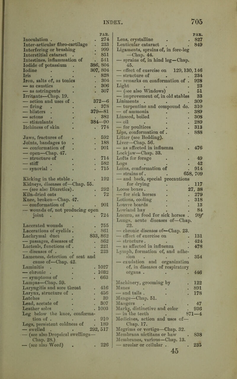 PAE. PAR. Inoculation . . 274 Inter-articular fibro-cartilage . 233 Interfering or brushing . 999 Interstitial cataract • 851 Intestines, inflammation of . 541 Iodide of potassium 386, 804 Iodine 307, 804 Iris . 828 Iron, salts of, as tonics . 304 — as caustics . 306 — as astringents . 307 Irritants—Chap. 19. — action and uses of . 372—6 — firing . 378 — blisters . 379—81 — setons . 382 — stimulants 384—90 Itchiness of skin . 774 Jaws, fractures of . 592 Joints, bandages to . 188 — conformation of . 901 — open—Chap. 47. — Structure of . 714 — stiff . 582 — synovial . . 715 Kicking in the stable . . 192 Kidneys, diseases of—Chap. 55. — (see also Diuretics). . 292 Kiln-dried oats . 72 Knee, broken—Chap. 47. — conformation of . 901 — wounds of, not producing open joint . 724 Lacerated wounds . 755 Lacerations of eyelids. . 861 Lachrymal duct 833, 862 — passages, diseases of . 862 Lacteals, functions of . . 221 — diseases of . . 223 Lameness, detection of seat and cause of—Chap. 42. Laminitis . 1027 — chronic . . 1032 — symptoms of . 663 Lam pas—Chap. 59. Laryngitis and sore throat . 416 Larynx, structure of . . 456 Latches . 39 Lead, acetate of . 307 Leather soles . 1003 Leg below the knee, conforma- tion of . . 910 Legs, persistent coldness of . 189 — swelled . 292, 517 — (see also Dropsical swellings— Chap. 28.) — (see also Weed) . . 226 Lens, crystalline . . 827 Lenticular cataract . . 849 Ligaments, sprains of, in fore-leg —Chap. 44. — snrains of, in hind leg—Chap. 45. — effect of exercise on 129,130,146 — structure of . . 234 — remarks on conformation of . 928 Light . . .23 — (see also Windows) . 51 — improvement of, in old stables 33 Liniments . . . 309 — turpentine and compound do. 310 — of ammonia . . 389 Linseed, boiled . . 308 — oil . . . 289 — for poultices . . 313 Lips, conformation of . . 888 Litter (see Bedding). Liver—Chap. 56. — as affected in influenza . 476 Lockjaw—Chap. 33. Lofts for forage . . 49 Logs . . .42 Loins, conformation of . 914 — strains of. . 658,709 — and back, special precautions for drying . .117 Loose boxes . . 27, 38 — for sick horses . . 279 Lotions, cooling . . 318 Louvre boards . . 13 Lowland hay . . 84 Lucern, as food for sick horses . 98f Lungs, acute diseases of—Chap. 22. — chronic diseases of*— Chap. 23. — effect of exercise on . 131 — structure. . . 424 — as affected in influenza . 478 Lymph, formation of, and adhe- sion . . . 354 — exudation and organization of, in diseases of respiratory organs . . . 446 Machinery, grooming by . 122 Manes . . . 891 — and tails . . . 178 Mange—Chap. 51. Mangers . . .47 Marks, distinctive and color . 936 — in the teeth . 871—4 Medicines, action and uses of— Chap. 17. Megrims or vertigo—Chap. 32. Membrana nictitans or haw . 838 Membranes, various—Chap. 13. — areolar or cellular . . 235 45