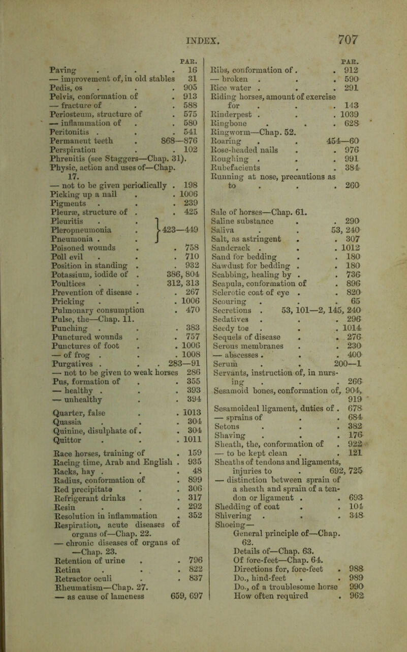 PAE. PAE. Paving 16 Ribs, conformation of. 912 — improvement of, in old stables 31 — broken # 590 Pedis, os 905 Rice water . # 291 Pelvis, conformation of 913 Riding horses, amount of exercise — fracture of 588 for 143 Periosteum, structure of 575 Rinderpest . 1039 — inflammation of 580 Ringbone 628 Peritonitis . 541 Ringworm—Chap. 52. Permanent teeth . 868- -876 Roaring 454—6O Perspiration 102 Rose-headed nails . 976 Phrenitis (see Staggers—Chap. 31). Roughing . 991 Physic, action and uses of—Chap. Rubefacients • 384 17. Running at nose, precautions as — not to be given periodically . 198 Picking up a nail . . 1006 Pigments . . . 239 Pleurae, structure of . . 425 Pleuritis Pleropneumonia Pneumonia . Poisoned wounds Poll evil Position in standing Potassium, iodide of Poultices Prevention of disease Pricking Pulmonary consumption Pulse, the—Chap. 11. Punching Punctured wounds Punctures of foot — of frog . Purgatives . — not to be given to weak horses Pus, formation of — healthy . — unhealthy Quarter, false Quassia Quinine, disulphate of. Quittor Pace horses, training of . 159 Racing time, Arab and English . 935 Racks, hay . . .48 Radius, conformation of . 899 Red precipitate . . 306 Refrigerant drinks . . 317 Resin . . . 292 Resolution in inflammation . 352 Respiration,, acute diseases of organs of—Chap. 22. — chronic diseases of organs of —Chap. 23. Retention of urine . . 796 Retina . . . 822 Retractor oculi . . 837 Rheumatism—Chap. 27. — as cause of lameness 659, 697 1423—449 . 758 . 710 . 932 386, 804 312, 313 . 267 . 1006 . 470 . 383 . 757 . 1006 . 1008 . 283—91 286 355 . 393 . 394 . 1013 . 304 . 304 . 1011 to Sale of horses—Chap. 61. Saline substance Saliva Salt, as astringent Sandcrack . Sand for bedding Sawdust for bedding Scabbing, healing by Scapula, conformation Sclerotic coat of eye Scouring Secretions , Sedatives Seedy toe Sequels of disease Serous membranes — abscesses . Serum 260 of . 290 53, 240 . 307 . 1012 . 180 . 180 . 736 . 896 . 820 . 65 53, 101—2, 145, 240 . 296 . 1014 . 276 . 230 . 400 200—1 Servants, instruction of, in nurs- ing . • Sesamoid bones, conformation of. 266 904, 919 678 684 382 176 922 121 Sesamoideal ligament, duties of . — sprains of Setons Shaving Sheath, the, conformation of — to be kept clean Sheaths of tendons and ligaments, injuries to . 692, 725 — distinction between sprain of a sheath and sprain of a ten- don or ligament . Shedding of coat Shivering Shoeing— General principle of—Chap. 62. Details of—Chap. 63. Of fore-feet—Chap. 64. Directions for, fore-feet Do., hind-feet Do., of a troublesome horse How often required 693 104 348 988 989 990 962