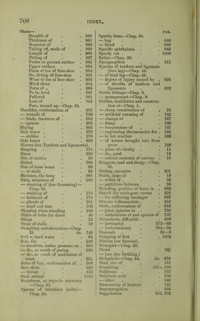 Shoes— Breadth of 960 Thickness of 961 Removal of 963 Taking off, mode of 969 Length of 966 Fitting of 967 Under or ground surface 965 Upper surface 964 Form of toe of fore-shoe 994 Do. fitting of fore-shoe 995 Wear of toe of fore-shoe 993 Hind shoes 984 Form of „ 985 To be level 987 Fullered 981 Loss of 982 Fore, turned up—Chap. 64. Shoulder, conformation of 895 — wounds of 729 — blade, fractures of . 594 — sprains . 695 Shying 863 Sick boxes . 279 — stables 278 Side bones . 633 Sinews (see Tendons and ligaments). Singeing . 174 Sinus 399 Site of stables 20 Sitfast 760 Size of loose boxes 38 — of stalls . 35 Skeleton, the bony 883 Skin, structure of 100 — cleaning of (see Grooming) — Chap. 6). — washing of 118 — itchiness of 774 — glands of 101 — scarf and true 100 Sleeping when standing 193 Slides or bolts for doors 40 Slings 52 Slope of stalls 19 Sloughing and ulceration—Chap. 21 . . do. 749 Soft v. hard water 64 Sole, the 949 — sensitive, undue pressure on . 950 — do., as result of paring 950 — do., as result of mutilation of crust 951 Soles of feet, conformation of . 908 Sore shins . 626 — throat 416 Soul, animal 1043 Soundness, as regards warranty —Chap. 61. Spasms of intestines (colic)— Chap. 30. Spavin, bone—Chap. 38. PAR. — bog 640 — blood 648 Specific ophthalmia 843 Speedy cut . Splint—Chap. 39. 1000 Spongeopiline Sprains of tendons and ligament (fore leg)—Chap. 44. — of hind leg—Chap. 45. 315 — degree of injury caused by . — of sheaths of tendons and 698 ligaments 692 Stable fittings—Chap. 3. — management—Chap. 9. Stables, ventilation and construc- tion of—Chap. 1. — cheap construction of . 26 — artificial warming of . 162 — change of . . 167 — damp . . . 166 — temperature of . 161 — registering thermometer for . 164 — in hot weather . .163 — of horses brought into from grass . . . 168 — plans of—faulty . .11 — do., good . . 12 — cubical contents of various . 10 Staggers, mad and sleepy—Chap. 31. Staling, excessive . . 801 Stalls, slope of . .19 — width of . . .35 — partitions between . . 35 Standing, position of horse in . 932 Starch for astringent enema . 291 — for stiffening bandages . 587 Sthenic inflammation . . 350 Stifle, conformation of . 916 — joint, injuries to . . 730 — dislocations of and sprains of 707 Stimulants, diffusible . . 300 — (irritants) . 372—83 — (rubefacients) . 384—90 Stomach . . 53—8 Stopping of feet . . 1004 Strains (see Sprains). Strangles—Chap. 26. Straw •— (see also Bed,ding.) Striughalt—Chap. 34. Stud, size of Stumbling . Sulkiness Sulphuric acid — ether Summering of hunters Superpurgation Suppuration 98j do. 658 . 151 931a, 998 . 937 . 306 . 540 . 145 . 285 355, 392