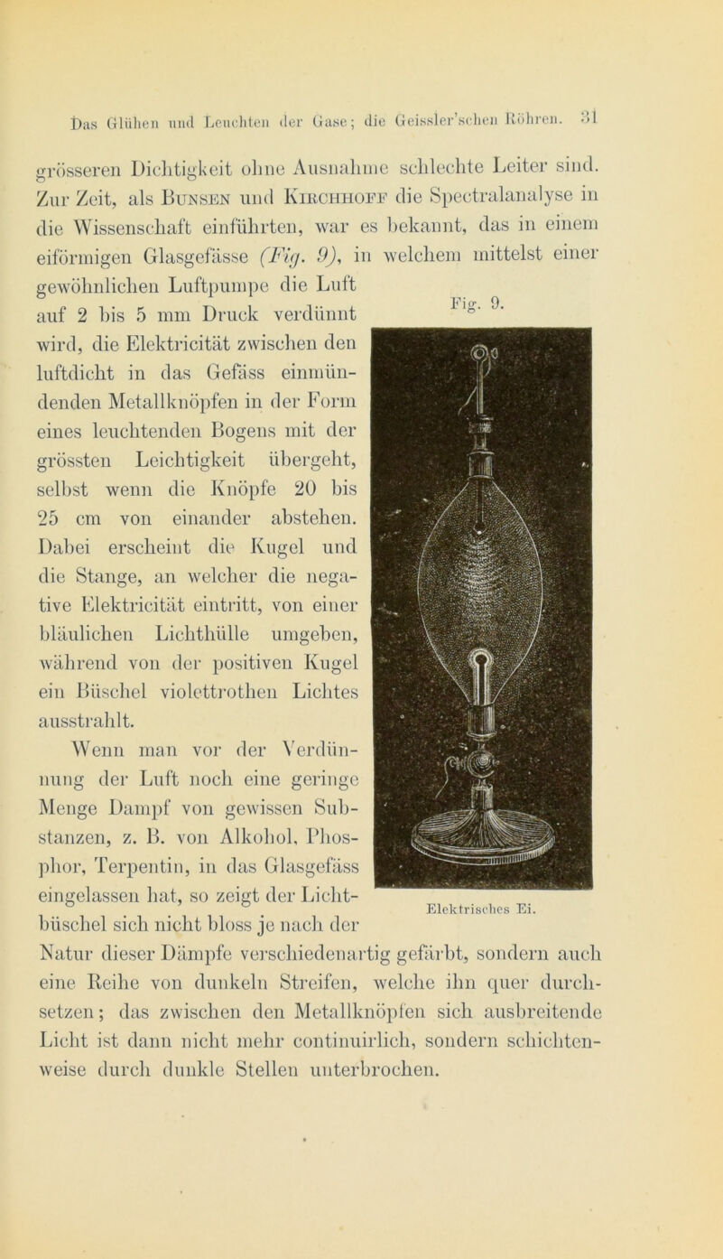 grösseren Dielitigkeit oliiie Ausnaliiiie sclileclite Leiter sind. Znr Zeit, als Bunsen und Kirchhuee die Spectralanalyse in die Wissensclmft einfülirten, war es Itekannt, das in einem eiförmigen Glasgefässe in weleliem mittelst einer gewölmliclieii Luftpumpe die Luft auf 2 bis 5 mm Druck verdünnt wird, die Elektricität zwischen den luftdicht in das Gefäss einmün- denden Metallknöpfen in der Form eines leuclitenden Bogens mit der grössten Leichtigkeit übergeht, seihst wenn die Knöpfe 20 bis 25 cm von einander abstehen. Dabei erscheint die Kugel und die Stange, an welcher die nega- tive Elektricität eintritt, von einer bläulichen Lichthülle umgeben, während von der positiven Kugel ein Büschel violetti-otlien Lichtes ausstrahlt. Wenn man vor der Verdün- nung der Luft noch eine geringe Menge Dampf von gewissen Sub- stanzen, z. B. von Alkohol, Blios- phor, Terpentin, in das Glasgefäss eingelassen bat, so zeigt der Liclit- büschel sich niclit bloss je nacli der Natur dieser Dämpfe vei’schiedenartig gefärbt, sondern auch eine Reihe von dunkeln Streifen, welche ihn (pier durch- setzen ; das zwischen den Metallknöpfen sich ausbreitende Licht ist dann nicht mehr continuirlich, sondern schicbten- weise durch dunkle Stellen unterbrochen. Fig. 9. Elektrisclies Ei.