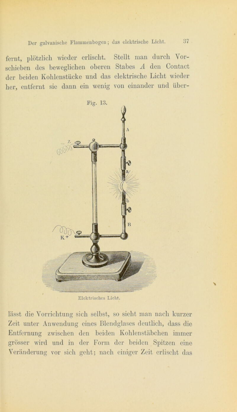 fernt, plötzlich wieder erlischt. Stellt man durch Vor- schieben des beweglichen oberen Stabes Ä den Contact der beiden Kolilenstücke und das elektrische Licht wieder her, entfernt sie dann ein wenig von einander und über- Elcktrisclics Liclit. lässt die Vorrichtung sich selbst, so siebt man nach kurzer Zeit unter Anwendung eines Blendglases deutlich, dass die Entfernung zwischen den heiden Kohlenstäbchen immer grösser wird und in der Form der beiden Spitzen eine Veränderung vor sich geht; nach einiger Zeit erlischt das