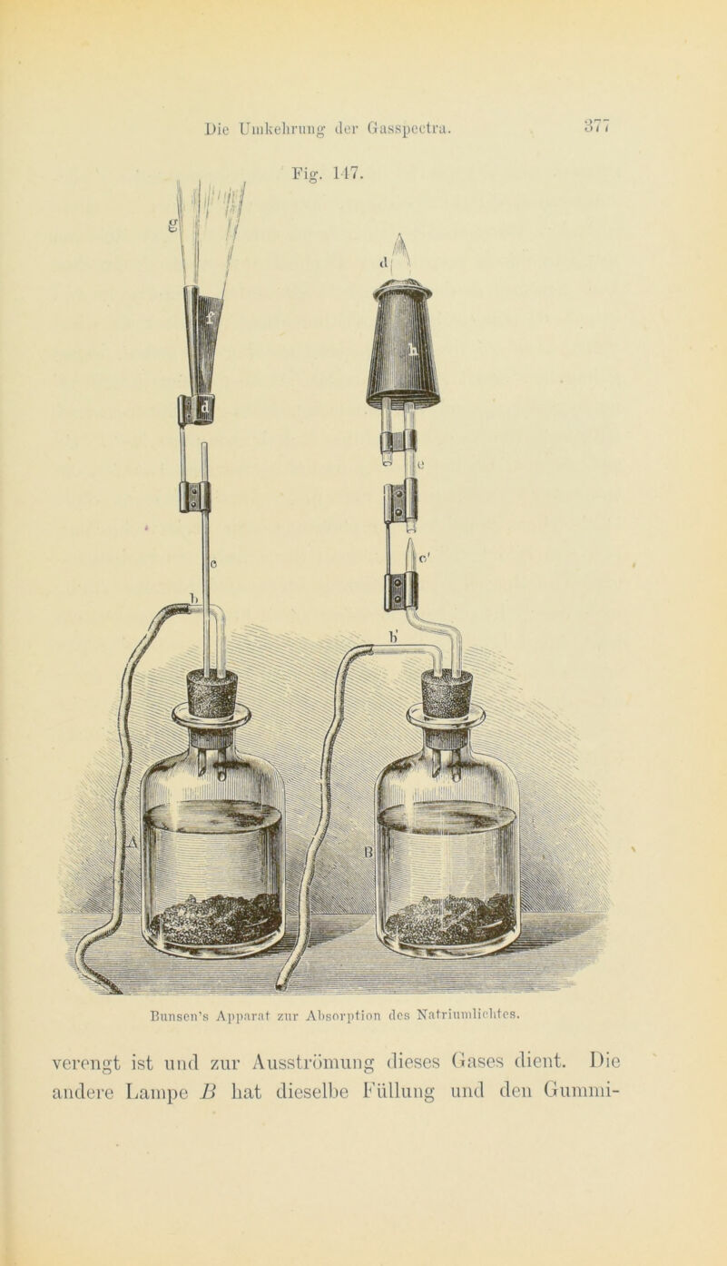 Bunsen’s Apparat zur Absorption des Natriunilielitcs. verengt ist und zur Ausströmung dieses (iases dient. Die andere Lampe B bat diesellte Füllung und den Gummi-