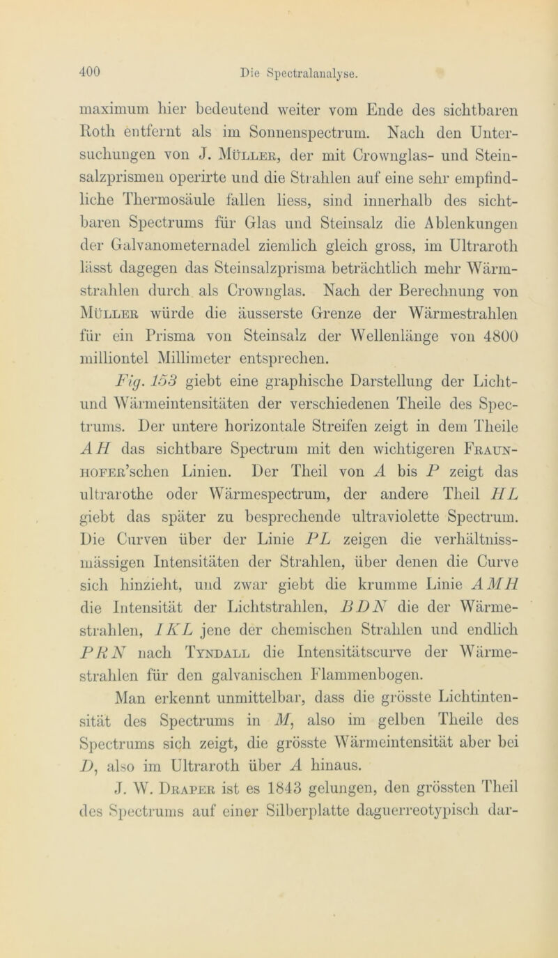 maximum liier bedeutend weiter vom Ende des sichtbaren Roth entfernt als im Sonnenspectrum. Nach den Unter- suchungen von J. Müllek, der mit Crownglas- und Stein- salzprismen operirte und die Strahlen auf eine sehr emptind- liche Thermosäule fallen liess, sind innerhalb des sicht- baren Spectrums für Glas und Steinsalz die Ablenkungen der Galvanometernadel ziemlich gleich gross, im Ultraroth lässt dagegen das Steiiisalzprisma beträchtlich mehr Wärm- strahlen durch als Crownglas. Nach der Berechnung von jNIüller würde die äusserste Grenze der Wärmestrahlen für ein Prisma von Steinsalz der Wellenlänge von 4800 niilliontel Millimeter entsprechen. Flg. 153 giebt eine graphische Darstellung der Licht- und Wärmeintensitäten der verschiedenen Theile des Spec- trums. Der untere horizontale Streifen zeigt in dem Theile AH das sichtbare Spectrum mit den wichtigeren Fraun- HOEER’schen Linien. Der Theil von A bis P zeigt das ultrarothe oder Wärmespectrum, der andere Theil HL giebt das später zu besprechende ultraviolette Spectrum. Die Curven über der Linie PL zeigen die verhältniss- mässigen Intensitäten der Strahlen, über denen die Curve sich hinzieht, und zwar giebt die krumme Linie AMH die Intensität der Lichtstrahlen, BDN die der Wärme- strahlen, IKL jene der chemischen Strahlen und endlich PHN nach Tyndall die Intensitätscurve der Wärme- stralden für den galvanischen Flammenbogen. Man erkennt unmittelbar, dass die grösste Lichtinten- sität des Spectrums in ilf, also im gelben Theile des Spectrums sich zeigt, die grösste Wärmeintensität aber bei 7>, also im Ultraroth über A hinaus. J. W. Draper ist es 1843 gelungen, den grössten Theil des Spectrums auf einer Silberplatte daguerreotypisch dar-