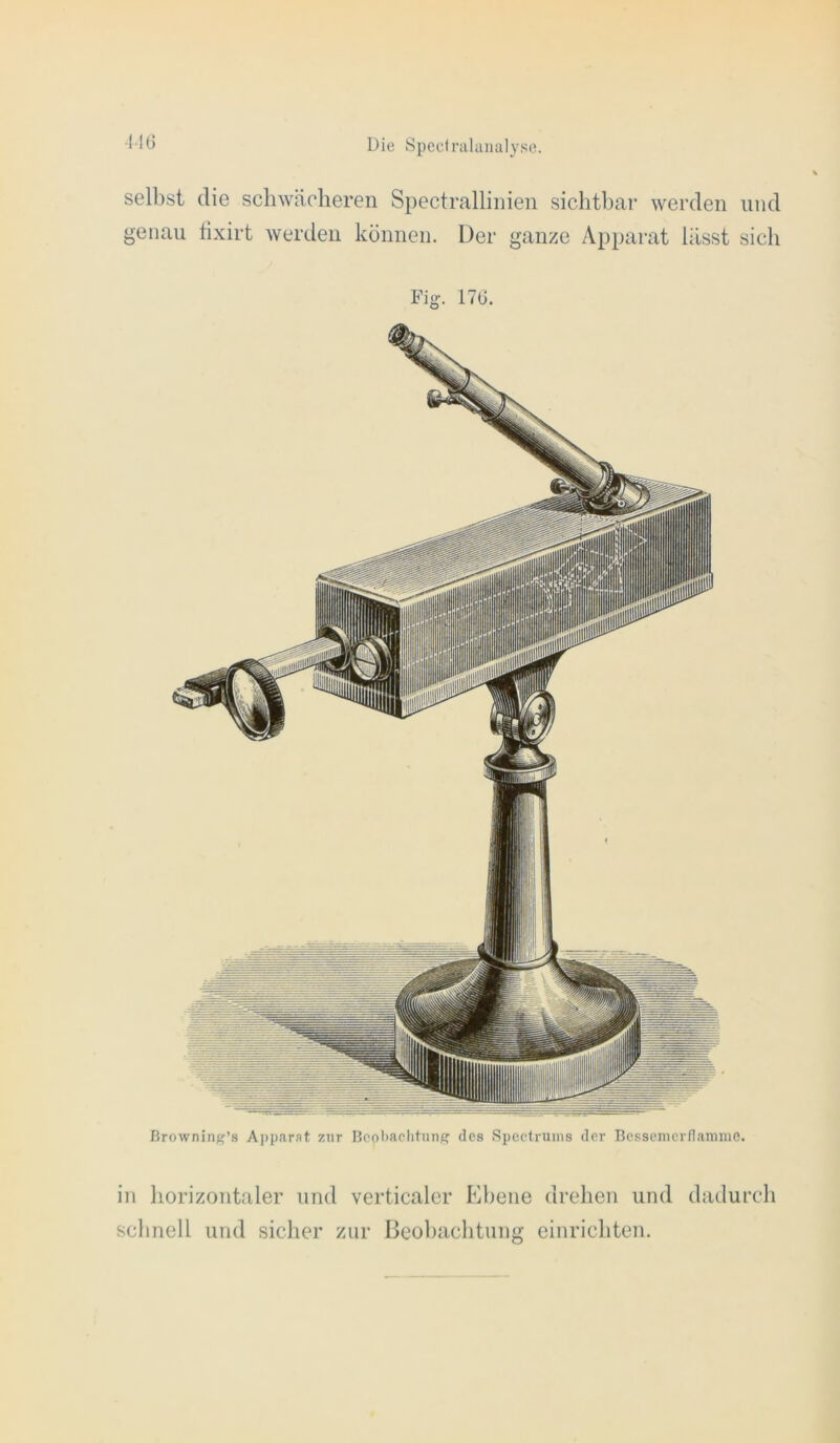 selbst die schwächeren Spectrallinien siclithar werden und genau tixirt werden können. Der ganze Apparat lässt sich Fig. 17G. Browning’s Ajjp.arat zur IJcotiaclitunff des Spectruius der Bcsseiuernamme. in liorizontaler und verticaler Ebene drehen und dadurch schnell und siclier zur Beobachtung einrichten.