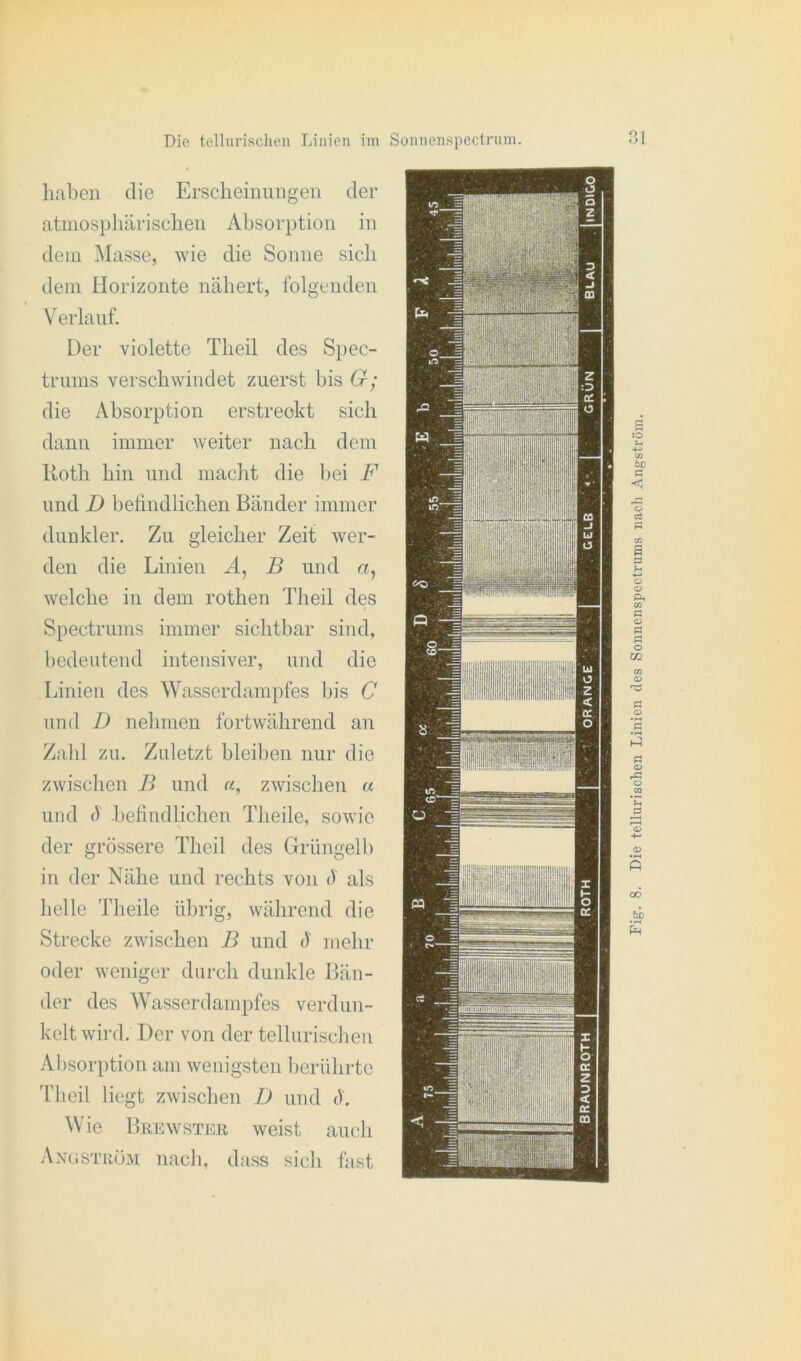 haben die Erscheinungen der atmosphärischen Absorption in dem Masse, wie die Sonne sich dem Horizonte nähert, folgenden Verlauf. Der violette Tlieil des Spec- trums verschwindet zuerst bis G; die Absorption erstreckt sich dann immer weiter nach dem Roth hin und macht die bei F und D befindlichen Bänder immer dunkler. Zu gleicher Zeit wer- den die Linien B und welche in dem rothen Tlieil des Spectrums immer sichtbar sind, bedeutend intensiver, und die Linien des Wasserdampfes bis C und D nehmen fortwährend an Zahl zu. Zuletzt bleiben nur die zwischen B und «, zwischen a und () befindlichen Theile, sowie der grössere Tlieil des Grüngelb in der Nähe und rechts von (V als helle Theile übrig, während die Strecke zwischen B und fi mehr oder weniger durch dunkle Bän- der des Wasserdampfes verdun- kelt wird. Der von der tellurischen Absorption am wenigsten berührte Tlieil liegt zwischen D und Ü. Wie Brewster weist auch Angström nach, dass sich fast Die tellurischen Linien des Sonnenspectrnms nach Angström.