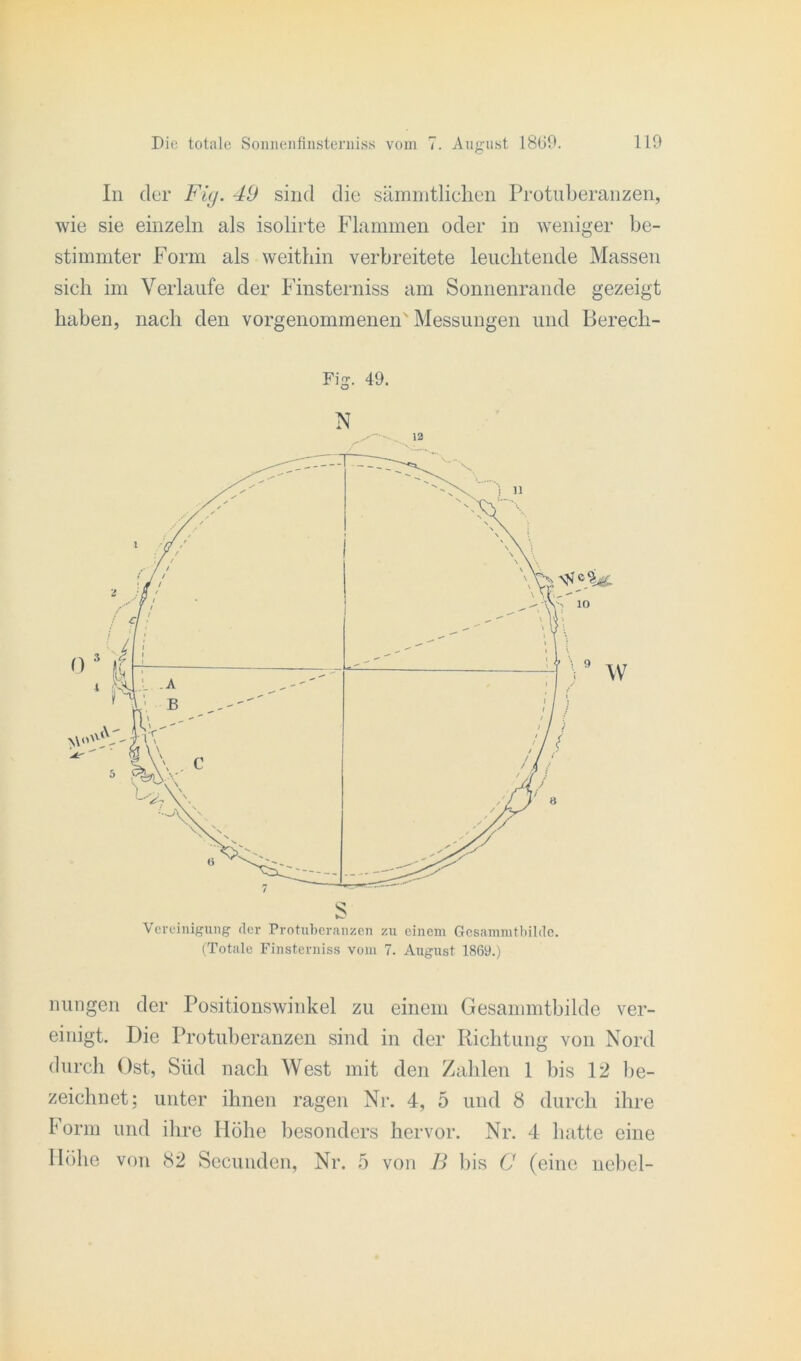 In der Fig. 49 sind die sämmtlichen Protuberanzen, wie sie einzeln als isolirte Flammen oder in weniger be- stimmter Form als weithin verbreitete leuchtende Massen sich im Verlaufe der Finsterniss am Sonnenrande gezeigt haben, nach den vorgenommenen' Messungen und Berech- Fig. 49. o N 12 Vereinigung der Protuberanzen zu einem Gesammtbilde. (Totale Finsterniss vom 7. August 1869.) nungen der Positionswinkel zu einem Gesammtbilde ver- einigt. Die Protuberanzen sind in der Richtung von Nord durch Ost, Süd nach West mit den Zahlen 1 bis 12 be- zeichnet; unter ihnen ragen Nr. 4, 5 und 8 durch ihre Form und ihre Höhe besonders hervor. Nr. 4 hatte eine Höhe von 82 Secunden, Nr. 5 von B bis C (eine nebel-