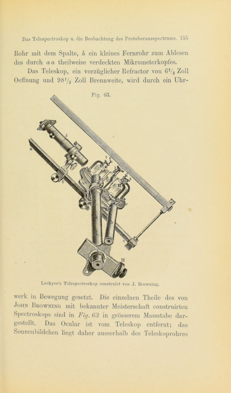 Rohr mit dem Spalte, h ein kleines Fernrohr zum Ablesen des durch aa theilweise verdeckten Mikrometerkopfes. Das Teleskop, ein vorzüglicher Refractor von 6V4 Zoll Oeffnung und 981/2 Zoll Brennweite, wird durch ein Uhr- werk in Bewegung gesetzt. Die einzelnen Tlieile des von John Browning mit bekannter Meisterschaft construirten Spectroskops sind in Fig. 63 in grösserem Massstabe dar- gestellt. Das Ocular ist vom Teleskop entfernt; das Sonnenbildchen liegt daher ausserhalb des Teleskoprohres