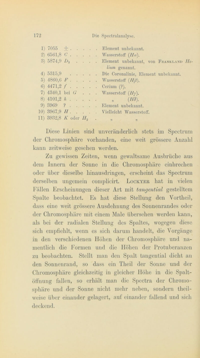 1) 7055 ± . . . 2) 6561,8 C . . . 3) 5874,9 D3 . . 4) 5315,9 . . . 5) 4860,6 F . . . 6) 4471,2 / . . . 7) 4340,1 bei Ci 8) 4101,2 h . . . 9) 3969 ? . . . 10) 3967,9 H. . . 11) 3932,8 K oder IL Element unbekannt. Wasserstoff (Ha). Element unbekannt, von Franklanij He- lium genannt. Die Coronalinie, Element unbekannt. Wasserstoff (Hß). Cerium (?). Wasserstoff (Hy). „ (HS). Element unbekannt. Vielleicht Wasserstoff. i) » Diese Linien sind unveränderlich stets im Spectrum der Chromosphäre vorhanden, eine weit grössere Anzahl kann zeitweise gesehen werden. Zu gewissen Zeiten, wenn gewaltsame Ausbrüche aus dem Innern der Sonne in die Chromosphäre einbrechen oder über dieselbe hinausdringen, erscheint das Spectrum derselben ungemein complicirt. Lockyer hat in vielen Fällen Erscheinungen dieser Art mit tangential gestelltem Spalte beobachtet. Es hat diese Stellung den Vortheil, dass eine weit grössere Ausdehnung des Sonnenrandes oder der Chromosphäre mit einem Male übersehen werden kann, als bei der radialen Stellung des Spaltes, wogegen diese sich empfiehlt, wenn es sich darum handelt, die Vorgänge in den verschiedenen Höhen der Chromosphäre und na- mentlich die Formen und die Höhen der Protuberanzen zu beobachten. Stellt man den Spalt tangential dicht an den Sonnenrand, so dass ein Theil der Sonne und der Chromosphäre gleichzeitig in gleicher Höhe in die Spalt- öffnung fallen, so erhält man die Spectra der Chromo- sphäre und der Sonne nicht mehr neben, sondern theil- weise über einander gelagert, auf einander fallend und sich deckend.