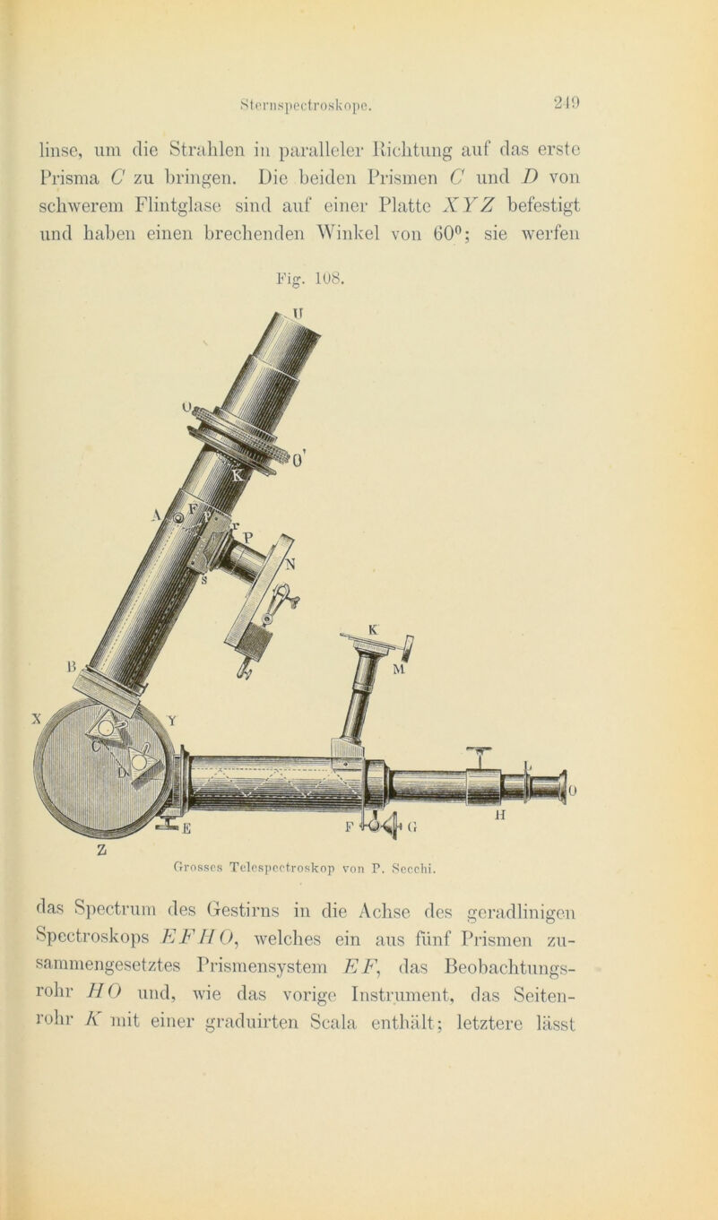 linse, um die Strahlen in paralleler Richtung auf das erste Prisma C zu bringen. Die beiden Prismen C und I) von schwerem Flintglase sind auf einer Platte XYZ befestigt und haben einen brechenden Winkel von 60°; sie werfen Fig. 108. Grosses Telespeetroskop von P. Secehi. das Spectrum des Gestirns in die Achse des geradlinigen Spectroskops FF HO, welches ein aus fünf Prismen zu- sammengesetztes Prismensystem FF, das Beobachtungs- rohr H 0 und, wie das vorige Instrument, das Seiten- rohr A mit einer graduirten Scala enthält; letztere lässt