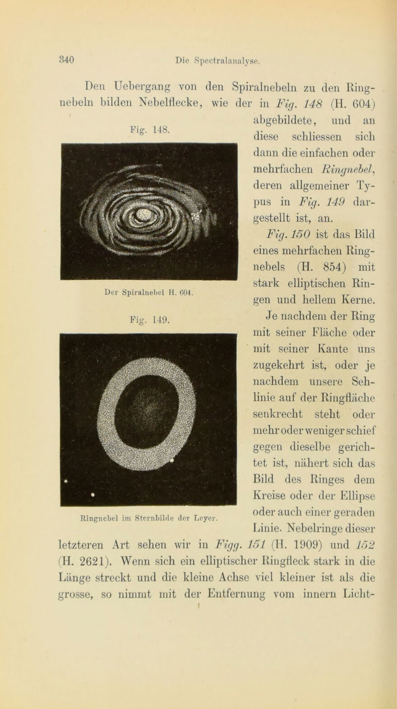 Den Uebergang von nebeln bilden Nebeldecke, Fig. 148. Der Spiralnebel H. «>04. Fig. 149. den Spiralnebeln zu den Ring- . wie der in Fig. 148 (H. 604) abgebildete, und an diese schliessen sich dann die einfachen oder mehrfachen Ringnebel, deren allgemeiner Ty- pus in Fig. 149 dar- gestellt ist, an. Fig. 150 ist das Bild eines mehrfachen Ring- nebels (H. 854) mit stark elliptischen Rin- gen und hellem Kerne. Je nachdem der Ring- nut seiner Fläche oder mit seiner Kante uns zugekehrt ist, oder je nachdem unsere Seh- linie auf der Ringfläche senkrecht steht oder mehr oder weniger schief gegen dieselbe gerich- tet ist, nähert sich das Bild des Ringes dem Kreise oder der Ellipse oder auch einer geraden Linie. Nebelringe dieser letzteren Art sehen wir in Figg. 151 (H. 1909) und 152 (W. 2621). Wenn sich ein elliptischer Ringfleck stark in die Länge streckt und die kleine Achse viel kleiner ist als die grosse, so nimmt mit der Entfernung vom innern Liclit- Ilingnebel im Sternbilde der Loyer.