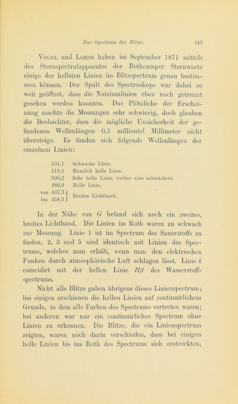 Vogel und Luhse haben im September 1871 mittels des Sternspectralapparates der Bothcamper Sternwarte einige der hellsten Linien im Blitzspectrum genau bestim- men können. Der Spalt des Spectroskops war dabei so weit geöffnet, dass die Natriumlinien eben noch getrennt gesehen werden konnten. Das Plötzliche der Erschei- nung machte die Messungen sehr schwierig, doch glauben die Beobachter, dass die mögliche Unsicherheit der ge- fundenen Wellenlängen 0,5 milliontel Millimeter nicht übersteige. Es fanden sich folgende Wellenlängen der einzelnen Linien: 534.1 Schwache Linie. 518,4 Ziemlich helle Linie. 500.2 Sehr helle Linie, vorher eine schwächere. 486,0 Helle Linie. von 467,31 . , , , . KOfl> Breites Lichtband, bis 458,3 J In der Nähe von G befand sich noch ein zweites, breites Lichtband. Die Linien im Roth waren zu schwach zur Messung. Linie 1 ist im Spectrum des Sauerstoffs zu finden, 2, 3 und 5 sind identisch mit Linien des Spec- trums, welches man erhält, wenn man den elektrischen Funken durch atmosphärische Luft schlagen lässt. Linie 4 coincidirt mit der hellen Linie Hß des Wasserstoff- spectrums. Nicht alle Blitze gaben übrigens dieses Linienspectrum; bei einigen erschienen die hellen Linien auf continuirlichem Grunde, in dem alle Farben des Spectrums vertreten waren; bei anderen war nur ein continuirliches Spectrum ohne Linien zu erkennen. Die Blitze, die ein Linienspectrum zeigten, waren noch darin verschieden, dass bei einigen helle Linien bis ins Roth des Spectrums sich erstreckten,