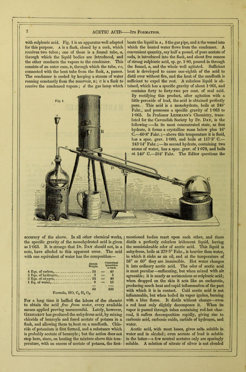 with sulphuric acid. Fig. 1 is an apparatus well adapted for this purpose. A is a flask, closed by a cork, which receives two tubes; one of these is a funnel tube, a, through which the liquid bodies are introduced, and the other conducts the vapors to the condenser. This consists of an outer case, d, tlirough which the tube, c c, connected with the bent tube from the flask. A, passes. The condenser is cooled by keeping a stream of water running constantly from the reservoir, B; c is a flask to receive the condensed vapors; d the gas lamp which heats the liquid in A, h the gas pipe, and e the vessel into which the heated water flows from the condenser. A convenient quantity, say half a pound, of pure acetate of soda, is introduced into the flask, and about five ounces of strong sulphuric acid, sp. gr. 1'80, poured in through the funnel, a, and the whole well agitated. SufScient heat is developed to cause one-eighth of the acid to distil over without fire, and the heat of the sandbath is sufficient to expel the rest. A colorless liquid is ob- tained, which has a specific gravity of about 1‘061, and contains forty to forty-two per cent, of real acid. By rectifying this product, after agitation with a little peroxide of lead, the acid is obtained perfectly pure. This acid is a monohydrate, boils at 248° Fahr., and po.ssesses a specific gravity of 1'063 to 1'065. In Professor Lehmann’s Chemistry, trans- lated for the Cavendish Society by Dr. Day, is the following:—In its most concentrated state, as first hydrate, it forms a crystalline mass below plus 16° C.—60‘8° Fahr.;—above this temperature it is fluid, has a spec. grav. 1'080, and boils at 117'3° C.— 243‘14° Fahr.;—its second hydrate, containing two atoms of water, has a spec. grav. of 1'078, and boils at 140° C.—284° Fahr. The Editor questions the accuracy of the above. In all other chemical works, the specific gravity of the monohydrated acid is given as 1‘0G3. It is strange that Dr. Day should not, in a note, have alluded to this apparent error. The acid ivith one equivalent of water has the composition— Atomic Weight. Centesimal Quantities oi each. 4 E(is. of carbon, 3 Eqs. of hydrogen, 24 = 40 3 = a 3 Eqs. of oxygen, 24 = 40 1 Eq. of water, 9 = 15 GO 100 Formula, IIO, U4 H3 U3. For a long time it baffled the labors of the chemist to obtain the acid free, from water, every available means applied proving unsuccessful. Lately, however, Gerhakdt has produced the anhydrous acid, by mixing cliloride of benzoyle and fused acetate of potassa in a flask, and allowing them to, heat on a sandbath. Chlo- ride of potassium is first formed, and a substance which is probably acetate of benzoyle; but the action does not stop here, since, on heating the mixture above this tem- perature, with an excess of acetate of potassa, the first- mentioned bodies react upon each other, and there distils a perfectly colorless iridescent liquid, having the unmistakeable odor of acetic acid. This liquid is anhydrous, boils at 279‘5° Fahr., is heavier than water, in whieh it sinks as an oil, and at the temperature of 58° or 60° they are immiscible. Hot water changes it into ordinary acetic acid. The odor of acetic acid is most peculiar—suffocating, but when mixed with air agreeable; it is nearly as acrimonious as sulphuric acid; when dropped on the skin it acts hke an escharotic, producing much heat and rapid inflammation of the part with which it is in contact. Cold acetic acid is not inflammable, but when boiled its vapor ignites, burning with a blue flame. It distils without change—even a red heat only slightly decomposes it. When its vapor is passed through tubes containing red-hot char- coal, it suffers decomposition rapidly, giving rise to carbonic acid, carbonic oxide, carbide of hydrogen, and water. Acetic acid, with most bases, gives salto soluble in water and in alcohol; even acetate of lead is soluble in the latter—a few neutral acetates only are sparingly soluble. A solution of nitrate of silver is not clouded