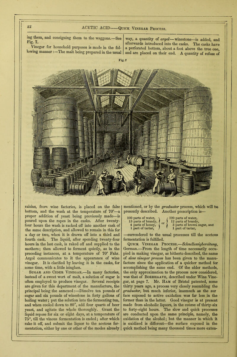 ACETIC ACID Quick Vinegar Process. ing them, and consigning them to the waggons.—See Fig. 7. Vinegar for household purposes is made in the fol- lowing manner:—The malt being prepared in the usual way, a quantity of argol—winestone—is added, and afterwards introduced into the casks. The casks have a perforated bottom, about a foot above the true one, and are placed on their end. A quantity of refuse of Fig. 7 raisins, from wine factories, is placed on the false bottom, and the wash at the temperature of 70°—a proper addition of yeast being previously made—^is poured upon the rapes in the casks. After twenty- four hom's the wash is racked off into another cask of the same description, and allowed to remain in this for a day or two, when it is drawn off into a third and fourth cask. The liquid, after spending twenty-four hours in the last cask, is raked off and supplied to the mothers; then allowed to fennent quietly, as in the preceding instances, at a temperature of 70° Fahr. Argol communicates to it the appearance of wine vinegar. It is clarified by leaving it in the casks, for some time, mth a little isinglass. Sugar and Cider Vinegar.—In many factories, instead of a sweet wort of malt, a solution of sugar is often employed to produce vinegar. Several receipts are given for this department of the manufacture, the principal being the annexed:—Dissolve ten poimds of sugar and six pounds of winestone in forty gallons of boiling water; put the solution into the fermenting tun, and when cooled do\vn to 80°, add four quarts of beer yeast, and agitate the whole thoroughly. Grant the liquid repose for six or eight days, at a temperature of 75°, till the vinous fermentation is ended; after which rake it off, and submit the liquor to the acetous fer- mentation, either by one or other of the modes already mentioned, or by the graduator process, which will be presently described. Another prescription is— 100 parts of water, \ / 120 parts of water, 13 parts of brandy, f \ 12 parts of brandy, 4 parts of honey, ( i 3 parts of brown sugar, and 1 part of tartar, ) ' 1 part of tartar, —surrendered to the usual processes till the acetous fermentation is fulfilled. Quick Vinegar Process.—Schnellessigherdtung, German.—From the length of time necessarily occu- pied in making vinegar, as hitherto described, the name of slow vinegar process has been given to the manu- facture since the application of a quicker method for accomplishing the same end. Of the older methods, the only approximation to the process now considered, was that of Boerhaave, described under Wine Vine- gar, at page 7. Mr. Ham of Bristol patented, some thirty years ago, a process very closely resembling the graduator, but much inferior, inasmuch as the sur face exposed to active oxidation was far less in the former than in the latter. Good vinegar is at present made from alcohohc liquors, in the course of thirty-six to forty-eight hours. The slow and quick processes are conducted upon the same principle, namely, the oxidation of the alcohol; but the manner in which it is oxidized is different—the siuface exposed in the quick method being many tliousand times more exten-