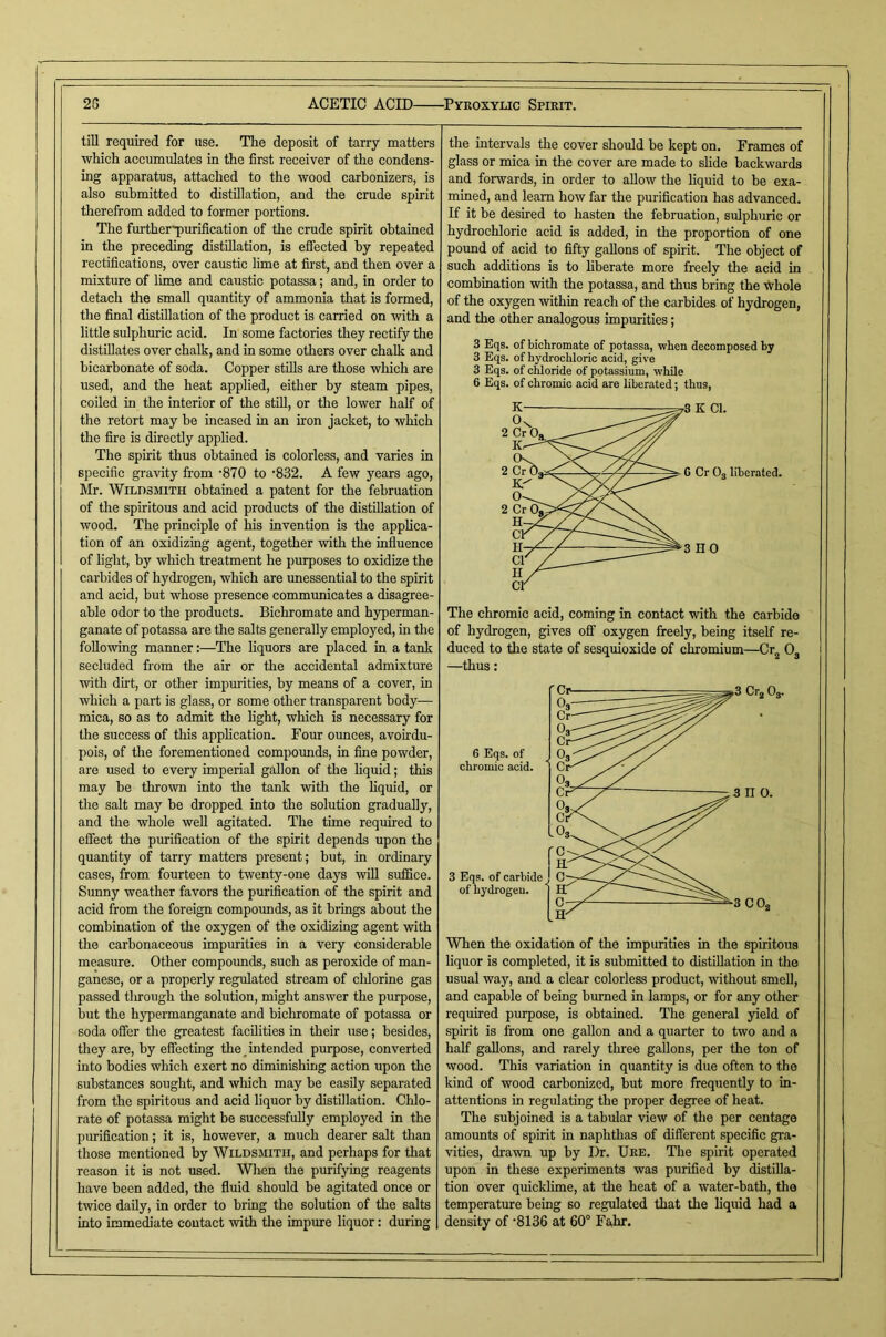 tiU required for use. The deposit of tarry matters which accumulates iu the first receiver of tlie condens- ing apparatus, attached to the wood carbonizers, is also submitted to distillation, and the crude spirit therefrom added to former portions. The further'pmification of the crude spirit obtained in the preceding distOlation, is effected by repeated rectifications, over caustic lime at first, and then over a mixture of lime and caustic potassa; and, in order to detach the small quantity of ammonia that is formed, the final distillation of the product is carried on with a little sulphuric acid. In some factories they rectify the distillates over chalk, and in some others over chalk and bicarbonate of soda. Copper stfils are those which are used, and the heat applied, either by steam pipes, coiled in the interior of the stiQ, or the lower half of the retort may be incased in an iron jacket, to which the fire is directly applied. The spirit thus obtained is colorless, and varies in specific gravity from -870 to ’832. A few years ago, Mr. WiLnsMiTH obtained a patent for the februation of the spiritous and acid products of the distillation of wood. The principle of his invention is the apphca- tion of an oxidizing agent, together with the influence of light, by which treatment he purposes to oxidize the carbides of hydrogen, which are unessential to the spirit and acid, but whose presence communicates a disagree- able odor to the products. Bichromate and hyperman- ganate of potassa are the salts generally employed, in the following manner:—The liquors are placed in a tank secluded from the air or the accidental admixture with dirt, or other impurities, by means of a cover, in which a part is glass, or some other transparent body— mica, so as to admit the light, which is necessary for the success of this application. Four ounces, avoirdu- pois, of the forementioned compounds, in fine powder, are used to every imperial gallon of the hquid; this may be thrown into the tank with the Hquid, or the salt may be dropped into the solution gradually, and the whole well agitated. The time required to effect the purification of the spirit depends upon the quantity of tarry matters present; but, in ordinary cases, from fourteen to twenty-one days will suffice. Sunny weather favors the purification of the spirit and acid from the foreign compounds, as it brings about the combination of the oxygen of the oxidizing agent with the carbonaceous impurities in a very considerable measure. Other compounds, such as peroxide of man- ganese, or a properly regulated stream of chlorine gas passed tlurough the solution, might answer the purpose, but the hypermanganate and bichromate of potassa or soda offer the greatest facilities in their use; besides, they are, by effecting tlie^ intended purpose, converted into bodies which exert no diminishing action upon the substances sought, and which may be easily separated from the spiritous and acid liquor by distOlation. Clilo- rate of potassa might be successfully employed in the purification; it is, however, a much dearer salt than those mentioned by Wildsmitii, and perhaps for that reason it is not used. When the purifying reagents have been added, the fluid should be agitated once or twice daily, in order to bring the solution of the salts into immediate contact with the impure liquor: during the intervals the cover should be kept on. Frames of glass or mica in the cover are made to sHde backwards and fonvards, in order to allow the liquid to be exa- mined, and learn how far the purification has advanced. If it be desired to hasten the februation, sulphuric or hydrochloric acid Ls added, in the proportion of one pound of acid to fifty gallons of spirit. The object of such additions is to hberate more freely the acid in combination with the potassa, and thus bring the whole of the oxygen within reach of the carbides of hydrogen, and the other analogous impurities; 3 Eqs. of bichromate of potassa, when decomposed by 3 Eqs. of hydrochloric acid, give 3 Eqs. of chloride of potassium, while 6 Eqs. of chromic acid are liberated; thus. The chromic acid, coming in contact with the carbide of hydrogen, gives off oxygen freely, being itself re- duced to the state of sesquioxide of chromium—Cr^ O3 —thus: When the oxidation of the impurities in the spiritous liquor is completed, it is submitted to distillation in the usual way, and a clear colorless product, without smeU, and capable of being burned in lamps, or for any other required purpose, is obtained. The general yield of spirit is from one gallon and a quarter to two and a half gallons, and rarely three gallons, per the ton of wood. This variation in quantity is due often to the kind of wood carbonized, but more frequently to in- attentions in regulating the proper degree of heat. The subjoined is a tabular view of the per centage amounts of spirit in naphthas of different specific gra- vities, di’awn up by Dr. Uee. The spirit operated upon in these experiments was purified by distilla- tion over quicklime, at the heat of a water-bath, the temperature being so regulated that the Hquid had a density of ‘8136 at 60° Fahr.