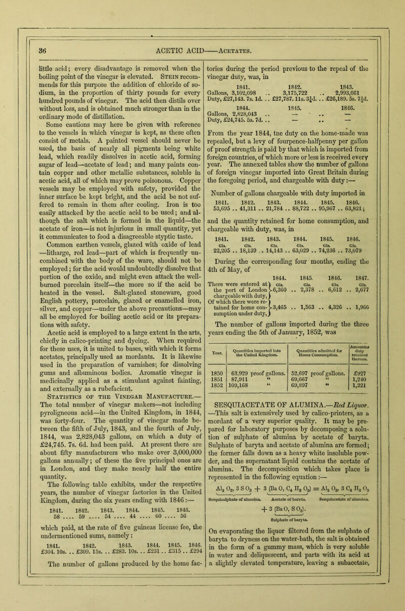 little acid; every disadvantage is removed when the boiling point of the vinegar is elevated. Stein recom- mends for this purioose the addition of chloride of so- dium, in the proportion of thirty pounds for every hundred pounds of vinegar. The acid then distils over without loss, and is obtained much stronger than in the ordinary mode of distillation. Some cautions may here be given with reference to the vessels in which vinegar is kept, as these often consist of metals. A painted vessel should never be used, the basis of nearly aU pigments being white lead, which readily dissolves in acetic acid, forming sugar of lead—acetate of lead; and many paints con- tain copper and other metallic substances, soluble in acetic acid, all of which may prove poisonous. Copper vessels may be employed with safety, provided the inner surface be kept bright, and the acid be not suf- fered to remain in them after cooling. Iron is too easily attacked by the acetic acid to be used; and al- though the salt which is formed in the liquid—the acetate of iron—is not mjurious in small quantity, yet it communicates to food a disagreeable styptic taste. Common earthen vessels, glazed with oxide of lead —litharge, red lead—part of which is frequently un- combined with the body of the ware, should not be employed; for the acid would undoubtedly dissolve that portion of the oxide, and might even attack the well- burned porcelain itself—the more so if the acid be heated in the vessel. Salt-glazed stoneware, good English pottery, porcelain, glazed or enamelled iron, silver, and copper—under the above precautions—^may all be employed for boUhig acetic acid or its prepara- tions with safety. Acetic acid is employed to a large extent in the arts, chiefly in calico-printing and dyeing. When required for these uses, it is imited to bases, with which it forms acetates, principally used as mordants. It is hkewise used in the preparation of varnishes; for dissolving gums and albuminous bodies. Aromatic vinegar is medicinally apphed as a stimulant against fainting, and externally as a rubefacient. Statistics of the Vinegar Manufacture.— The total number of vinegar makers—not including pyroligneous acid—hi the United Kingdom, in 1844, was forty-four. The quantity of vinegar made be- tween the fifth of July, 1843, and the fourth of July, 1844, was 2,828,04.3 gallons, on which a duty of £24,745. 7s. 6d. had been paid. At present there are about fifty manufacturers who make over 3,000,000 gallons annually; of these the five principal ones are in London, and they make nearly half the entire quantity. The following table exhibits, under the respective years, the number of vinegar factories in the United Kingdom, during the six years ending with 1846 :— 1841. 1842. 1843. 1844. 1845. 1846. 58 .... 69 .... 54 .... 44 .... 60 .... 56 whieh paid, at the rate of five guineas license fee, tlie undermentioned sums, namely: 1841. 1842. 1843. 1844. 1845. 1846. £304.10s. .. £300. 15s. .. £283. 10s. .. £231 .. £315 .. £294 The number of gallons produced by tlie home fac- tories during the period previous to the repeal of tlie vinegar duty, was, in 1841. 1842. 1843. Gallons, 3,102,098 .. 3,175,722 .. 2,993,061 Duty, £27,143. 7s. Id. .. £27,787.11s. 3|d. .. £26,189. 5s. 7^d. 1844. 1845. 1846. Gallons, 2,828,043 .. — • .. — Duty, £24,745. 5s. 7d. .. — .. — From the year 1844, tne duty on the home-made was repealed, but a levy of fourpence-halfpenny per gallon of proof strength is paid by that which is imported from foreign countries, of which more or less is received every year. The annexed tables show the number of gallons of foreign vinegar imported into Great Britain during the foregoing period, and chargeable with duty:— Number of gallons chargeable with duty imported in 1841. 1842. 1843. 1844. 1845. 1846. 53,695 .. 41,311 .. 21,784 .. 88,722 .. 95,967 .. 63,821; and the quantity retained for home consumption, and chargeable with duty, was, in 1841. 1842. 1843. 1844. 1845. 1846. GIs. GIs. Gl9. GIs. GIs. CI3. 22,205 .. 18,139 .. 14,143 .. 63,029 .. 74,236 .. 73,079 During the con'esponding fom' months, ending the 4th of May, of 1844. 1845. 1846. 1847. There were entered at the port of London chargeable with duty. Of wliioh there were re- tained for home con- sumption rmder duty, The number of gallons imported during the three years ending the 5th of January, 1852, was Year. Quantities imported into the United Kingdom. Quantities admitted for Home Consumption. Amountot duty received thereon. 1850 63,929 proof gallons. 52,697 proof gallons. £927 1851 87,911 “ 69,667 “ 1,240 1852 109,168 “ 69,897 « 1,221 SESQUIACETATE OP ALmimk.—Red Liquor. —This salt is extensively used by caUco-printers, as a mordant of a veiy superior quality. It may be pre- pared for laboratory purposes by decomposing a solu- tion of sulphate of alumina by acetate of baryta. Sulphate of baryta and acetate of alumina are formed; the former falls down as a heavy white insoluble pow- der, and the supernatant liquid contains the acetate of alumina. The decomposition which takes place is represented in the following equation:— AI2 O3, 3 S O3 -j- 3 {Ba 0, C4 H3 O3) ~ AI2 O3, 3 C4 IT3 O3 V V V * '' V ^ Scsquisulphate of alumina. Acetate of bar>’to. Sesquiacetatc of alumina. -j- 3 (Ba 0, S O3). Sulphate of barj'ta. On evaporating the liquor filtered from the sulphate of baryta to di'yness on the water-bath, the salt is obtained in the form of a gummy mass, which is very soluble in water and deliquescent, and parts with its acid at a slightly elevated temperature, leaving a subacetate, Gl9. GIs. GIs. GIs. 6,360 . . 2,378 . . 6,612 . . 2,677 3,465 . . 1,563 . . 4,326 . . 1,966
