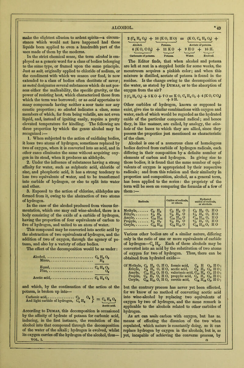 make the slightest allusion to ardent spirits—a circum- stance which would not have happened had these liquids been applied to even a hundredth part of the uses made of them by the moderns. In the strict chemical sense, the term alcohol is em- ployed as a generic word for a class of bodies belonging to the same type, or framed upon the same principle. Just as salt, originally applied to chloride of sodium, or the condiment with which we season our food, is now extended to a class of bodies often destitute of savor; as metal designates several substances which do not pos- sess either the malleability, the specific gravity, or the power of resisting heat, which characterized those from which the term was borrowed; or as acid appertains to many compounds having neither a sour taste nor any caustic properties; so alcohol indicates a class, some members of which, far from being volatile, are not even liquid, and, instead of igniting easily, require a pretty elevated temperature for kindling. The following are three properties by which the genus alcohol may be recognized:— 1. When subjected to the action of oxidizing bodies, it loses two atoms of hydrogen, sometimes replaced by two of oxygen, when it is converted into an acid, and in other cases eliminates the same without acquiring oxy- gen in its stead, when it produces an aldehyde. 2. Under the influence of substances having a strong affinity for water, such as sulphuric acid, chloride of zinc, and phosphoric acid, it has a strong tendency to lose two equivalents of water, and to be transformed into carbide of hydrogen, or else to split into water and ether. 3. Exposed to the action of chlorine, aldehydes are formed from it, owing to the abstraction of two atoms of hydrogen. In the case of the alcohol produced from vinous fer- mentation, which one may call wine-alcohol, there is a body consisting of the oxide of a carbide of hydrogen, having the proportion of four equivalents of carbon to five of hydrogen, and united to an atom of water. This compound may be converted into acetic acid by the abstraction of two equivalents of hydrogen, and the addition of two of oxygen, through the agency of po- tassa, and also by a variety of other bodies. The effect of the decomposition would be as under: Alcohol, C4 Hg Og Minus, Hj Equal, C4 H. Oo Plus, *ol Acetic acid, C4 H4 O4 and which, by the continuation of the action of the potassa, is broken up into— Carbonic acid, C2 O4 > p rr n And light carbide of hydrogen, C.2 H4 j . * Acetic add. According to Dumas, this decomposition is occasioned by the affinity of hydrate of potassa for carbonic acid, inducing, in the first instance, the resolution of the alcohol into that compound through the decomposition of the water of the alkali; hydrogen is evolved, whilst its oxygen carries off the hydrogen of the alcohol, thus— VOL. I. 2{C4Hg02) + 16 (KO, HO) = (KO, C4H3O3) + Alcohol. Potassa. Acetate of potassa. 4 (K 0,002) + 11 KO -1- OHO + 16 H. Carbonate of potassa. Potassa. Water. Evolved. The Editor finds, that when alcohol and potassa are left at rest in a stoppled bottle for some weeks, the menstruum acquires a pinkish color; and when this mixtmre is distilled, acetate of potassa is found in the residue. Is the change owing to the decomposition of the water, as stated by Dumas, or to the absorption of oxygen from the air? 2(C4H6 02) -|-5K0-1-70 = K0, C4 H3 O3-f 4 (K 0, C O2) -j- 9 H. Other carbides of hydrogen, known or supposed to exist, give rise to similar combinations with oxygen and water, each of which would be regarded as the hydrated oxide of the particular compound radical; and hence they, in like maimer, are called, by analogy, the alco- hols of the bases to which they are aUied, since they possess the properties just mentioned as characteristic of the class. Alcohol is one of a numerous class of homologous bodies derived from carbide of hydrogen radicals, each differing in their composition by a definite number of elements of carbon and hydrogen. In giving rise to those bodies, it is found that the same number of equi- valents of oxygen is appropriated by their respective radicals; and from this relation and their similarity in properties and composition, alcohol, as a general term, has been applied to the series: the propriety of the term will be seen on comparing the formulae of a few of them:— Radicals. Oxides of radicals) or others. Hydrated oxides of radicals, or alcohols. Methyle, Ce Hg Cg Hg 0 Cg Hg 0, HO Ethyle, C4 Hg C4 Hg 0 C4 Hg 0, HO Amyle, ^10 ^11 ^10 Hii (J 0,0 Hu 0, HO Propyle, Cg Hj Cg H, 0 Ug Hy 0, 11 0 Ceryle, C54Hg5 CMHggO Cg4HggO, HO Various other bodies are of a similar nature, differing only in the ratio of one or more equivalents of carbide of hydrogen—Cj H^. Each of these alcohols may be converted into an acid by the substitution of two atoms of oxygen for two of hydrogen. Thus, there can be obtained from hydrated oxide— Of Methyle, C2 H3 0, H O, formic acid, C2 H O3, H 0 ; Ethyle, C4 Hg 0, H 0, acetic acid, C4 Hg O3, H 0 j Amyle, C,g H,j 0, H 0, valerianic acid, C,o Hg O3, H 0 ; Propile, Cg H, 0, H O, propylic acid, Cg Hg O3, H 0 ; Ceryle, Cg4 Hgg 0, H 0, cerotic acid, Cgg Hgg Og, H 0 ; but the contrary process has never yet been effected, for we know of no method of converting acetic acid into wine-alcohol by replacing two equivalents of oxygen by two of hydrogen, and the same remark is applicable to the alcohols related to other carbides of hydrogen. As art can unite carbon with oxygen, but has nc means of effecting the disimion of the two when copulated, which nature is constantly doing, so it can replace hydrogen by oxygen in the alcohols, but is, as yet, incapable of achieving the converse process, by o