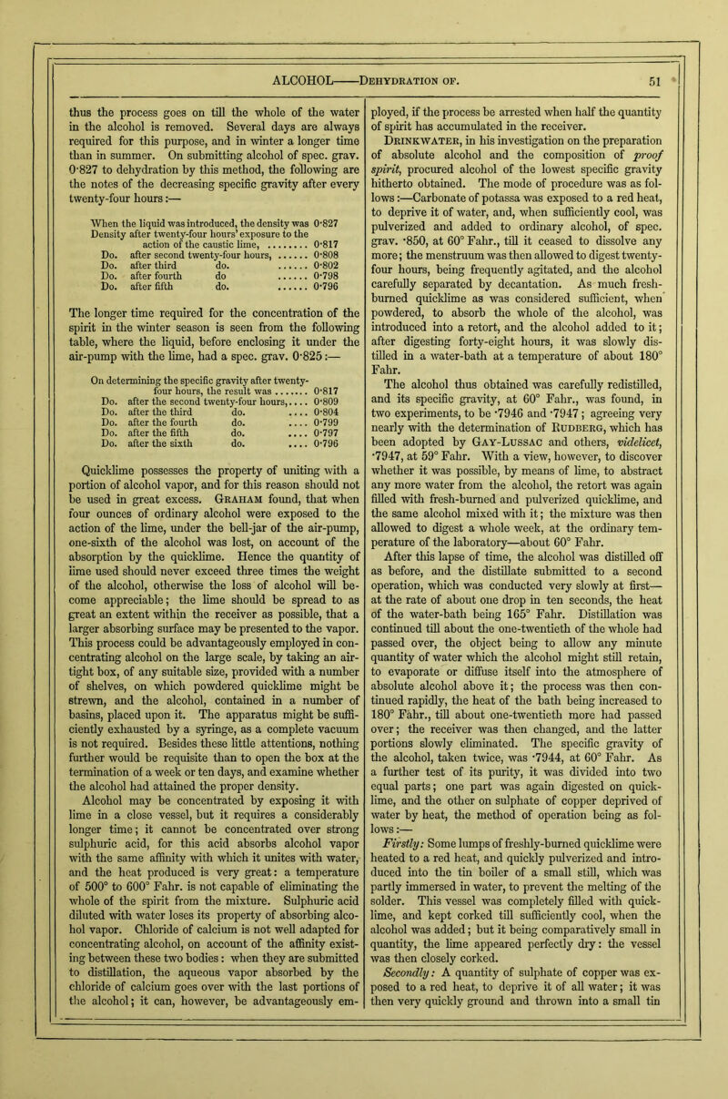 thus the process goes on till the whole of the water ployed, if the process be arrested when half the quantity in the alcohol is removed. Several days are always of spirit has accumulated in the receiver. required for this purpose, and in winter a longer time Drinkwater, in his investigation on the preparation than in summer. On submitting alcohol of spec. grav. of absolute alcohol and the composition of proof 0’827 to dehydration by this method, the following are spirit, procured alcohol of the lowest specific gravity the notes of the decreasing specific gravity after every hitherto obtained. The mode of procedure was as fol- twenty-four hours:— lows:—Carbonate of potassa was exposed to a red heat, to deprive it of water, and, when sufficiently cool, was When the liquid was introduced, the density was 0-827 Density after twenty-four hours’ exposure to the action of the caustic lime, 0'817 pulverized and added to ordinary alcohol, of spec, grav. -850, at 60° Fahr., till it ceased to dissolve any Do. after second twenty-four hours, 0-808 more; the menstruum was then allowed to digest twenty- Do. after third do. 0-802 Do. after fourth do 0*798 four hours, being frequently agitated, and the alcohol Do. after fifth do. 0-796 carefully separated by decantation. As much fresh- burned quicklime as was considered sufficient, when The longer time required for the concentration of the spirit in the winter season is seen from the following table, where the liquid, before enclosing it under the air-pump with the hme, had a spec. grav. 0-825:— powdered, to absorb the whole of the alcohol, was introduced into a retort, and the alcohol added to it; after digesting forty-eight hours, it was slowly dis- tilled in a water-bath at a temperature of about 180° Fahr. The alcohol thus obtained was carefully redistilled. On determining the specific gravity after twenty- four hours, the result was 0-817 Do. after the second twenty-four hours,.... 0-809 and its specific gravity, at 60° Fahr., was found, in Do. after the third do. .... 0-804 two experiments, to be -7946 and -7947; agreeing very Do. after the fourth do. 0-799 nearly with the determination of Eudberg, which has Do. after the sixth do. .... 0-796 been adopted by Gay-Lussac and others, videlicet, •7947, at 59° Fahr. With a view, however, to discover Quicklime possesses the property of uniting with a whether it was possible, by means of lime, to abstract portion of alcohol vapor, and for this reason should not any more water from the alcohol, the retort was again be used in great excess. Graham found, that when filled with fresh-burned and pulverized quicklime, and four ounces of ordinary alcohol were exposed to the the same alcohol mixed with it; the mixture was then action of the lime, imder the bell-jar of the air-pump. allowed to digest a whole week, at the ordinary tern- one-sixth of the alcohol was lost, on account of the perature of the laboratory—about 60° Fahr. absorption by the quicklime. Hence the quantity of After this lapse of time, the alcohol was distilled off lime used should never exceed three times the weight as before, and the distfilate submitted to a second of the alcohol, otherwise the loss of alcohol will be- operation, which was conducted very slowly at first— come appreciable; the lime should be spread to as at the rate of about one drop in ten seconds, the heat great an extent within the receiver as possible, that a of the water-bath being 165° Fahr. Distillation was larger absorbing surface may be presented to the vapor. continued tUl about the one-twentieth of the whole had This process could be advantageously employed in con- centrating alcohol on the large scale, by taking an air- tight box, of any suitable size, provided with a number of shelves, on which powdered quicklime might be strewn, and the alcohol, contained in a number of basins, placed upon it. The apparatus might be suiB- passed over, the object being to allow any minute quantity of water which the alcohol might stiU retain, to evaporate or diffuse itself into the atmosphere of absolute alcohol above it; the process was then con- tinued rapidly, the heat of the bath being increased to 180° Fahr., till about one-twentieth more had passed ciently exhausted by a syringe, as a complete vacuum over; the receiver was then changed, and the latter is not required. Besides these little attentions, nothing portions slowly eliminated. The specific gravity of further would be requisite than to open the box at the the alcohol, taken twice, was ’7944, at 60° Fahr. As termination of a week or ten days, and examine whether a further test of its purity, it was divided into two the alcohol had attained the proper density. equal parts; one part was again digested on quick- Alcohol may be concentrated by exposing it with lime, and the other on sulphate of copper deprived of lime in a close vessel, but it requires a considerably water by heat, the method of operation being as fol- longer time; it cannot be concentrated over strong lows:— sulphimic acid, for this acid absorbs alcohol vapor Firstly; Some lumps of freshly-burned quicklime were with the same affinity with which it unites with water. heated to a red heat, and quicldy pulverized and intro- and the heat produced is very great: a temperature duced into the tin boiler of a small still, which was of 500° to 600° Fahr. is not capable of eliminating the partly immersed in water, to prevent the melting of the whole of the spirit from the mixture. Sulphuric acid solder. This vessel was completely filled with quick- diluted with water loses its property of absorbing alco- lime, and kept corked tiU sufficiently cool, when the hoi vapor. Chloride of calcium is not well adapted for alcohol was added; but it being comparatively small in concentrating alcohol, on account of the affinity exist- quantity, the lime appeared perfectly dry: the vessel ing between these two bodies: when they are submitted was then closely corked. to distillation, the aqueous vapor absorbed by the Secondly: A quantity of sulphate of copper was ex- chloride of calcium goes over mth the last portions of posed to a red heat, to deprive it of all water; it was the alcohol; it can, however, be advantageously em- then very quickly ground and thrown into a small tin