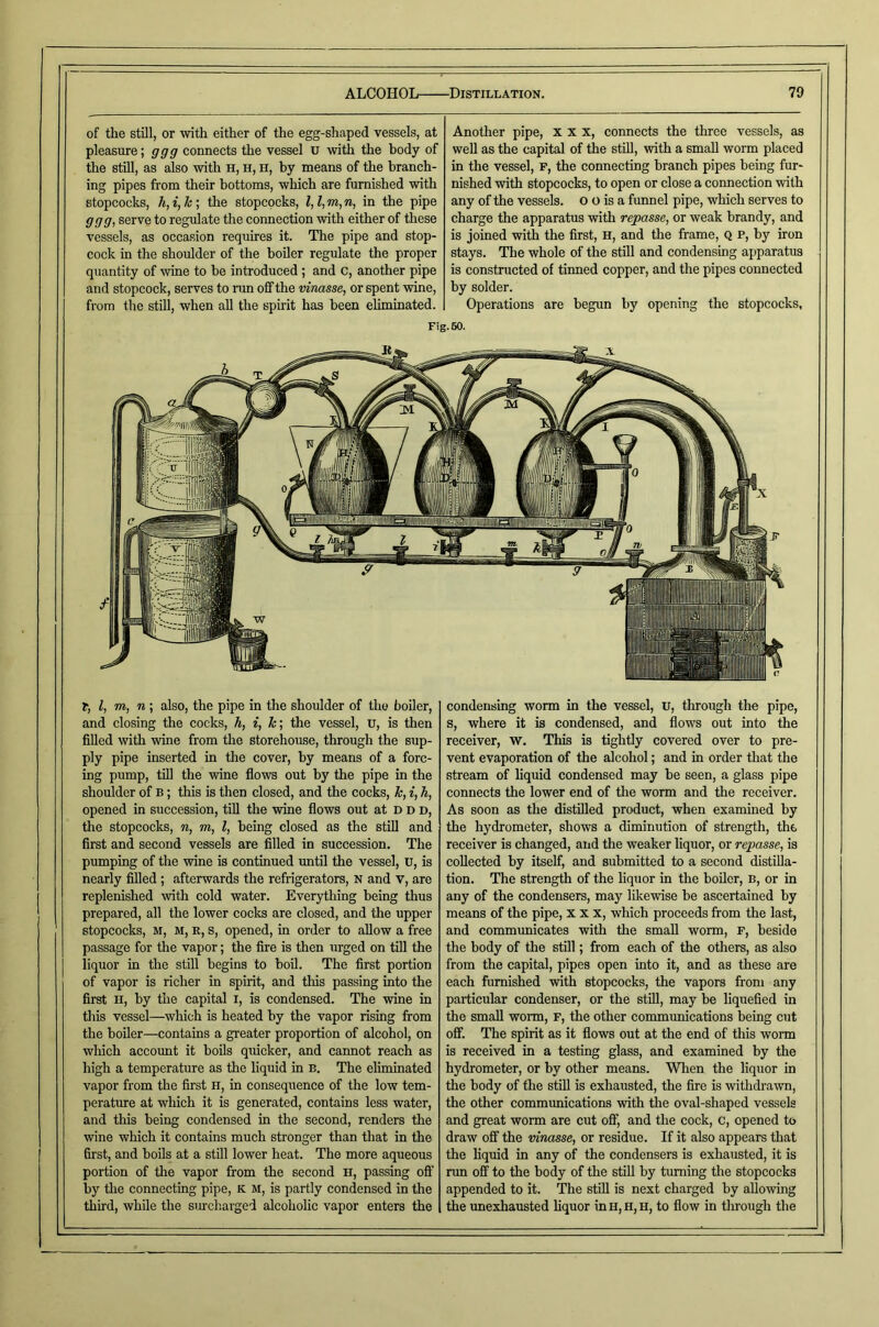 of the still, or with either of the egg-shaped vessels, at pleasure; ggg connects the vessel u with the body of the still, as also with H, H, h, by means of the branch- ing pipes from their bottoms, which are furnished with stopcocks, the stopcocks, in the pipe ggg, serve to regulate the connection with either of these vessels, as occasion requires it. The pipe and stop- cock in the shoulder of the boiler regulate the proper quantity of wine to be introduced ; and c, another pipe and stopcock, serves to nm off the vinasse, or spent wine, from the still, when all the spirit has been eliminated. Another pipe, XXX, connects the three vessels, as well as the capital of the stUl, with a small worm placed in the vessel, f, the connecting branch pipes being fur- nished rvith stopcocks, to open or close a connection with any of the vessels, o o is a funnel pipe, which serves to charge the apparatus with repasse, or weak brandy, and is joined with the first, H, and the frame, Q p, by iron stays. The whole of the still and condensing apparatus is constructed of tinned copper, and the pipes connected by solder. Operations are begun by opening the stopcocks, Fig. 60. r, I, m, n\ also, the pipe in the shoulder of the boiler, and closing the cocks, h, i, k‘, the vessel, u, is then filled with wine from the storehouse, through the sup- ply pipe inserted in the cover, by means of a forc- ing pump, till the wine flows out by the pipe in the shoulder of b ; this is then closed, and the cocks, k, i, h, opened in succession, till the wine flows out at D d d, the stopcocks, n, m, I, being closed as the still and first and second vessels are filled in succession. The pumping of the wine is continued until the vessel, u, is nearly filled; afterwards the refrigerators, N and v, are replenished with cold water. Everything being thus prepared, all the lower cocks are closed, and the upper stopcocks, M, M, R, s, opened, in order to allow a free passage for the vapor; the fire is then urged on till the liquor in the still begins to boil. The first portion of vapor is richer in spirit, and this passing into the first H, by the capital i, is condensed. The wine in this vessel—which is heated by the vapor rising from the boiler—contains a greater proportion of alcohol, on which accoimt it boils quicker, and cannot reach as high a temperature as the liquid in B. The eliminated vapor from the first h, in consequence of the low tem- perature at which it is generated, contains less water, and this being condensed in the second, renders the wine which it contains much stronger than that in the first, and boils at a still lower heat. The more aqueous portion of the vapor from the second H, passing oft’ by the connecting pipe, k m, is partly condensed in the third, while the siu-charged alcoholic vapor enters the condensing worm in the vessel, u, through the pipe, s, where it is condensed, and flows out into the receiver, w. This is tightly covered over to pre- vent evaporation of the alcohol; and in order that the stream of liquid condensed may be seen, a glass pipe connects the lower end of the worm and the receiver. As soon as the distilled product, when examined by the hydrometer, shows a diminution of strength, the receiver is changed, and the weaker liquor, or repasse, is collected by itself, and submitted to a second distilla- tion. The strength of the liquor in the boiler, b, or in any of the condensers, may likewise be ascertained by means of the pipe, x x x, which proceeds from the last, and commimicates with the small worm, f, beside the body of the still; from each of the others, as also from the capital, pipes open into it, and as these are each furnished with stopcocks, the vapors from any particular condenser, or the still, may be liquefied in the small worm, f, the other commimications being cut off. The spirit as it flows out at the end of this worm is received in a testing glass, and examined by the hydrometer, or by other means. When the liquor in the body of the still is exhausted, the fire is withdrawn, the other communications with the oval-shaped vessels and great worm are cut off, and the cock, c, opened to draw off the vinasse, or residue. If it also appears that the liquid in any of the condensers is exhausted, it is run off to the body of the still by turning the stopcocks appended to it. The stiU is next charged by allowing the unexhausted liquor inH,H,H, to flow in tlu’ough the