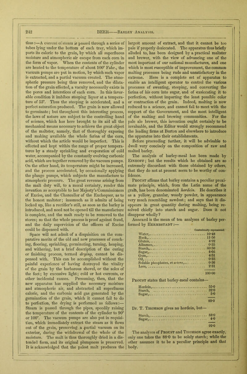 thus :—A cuiTeiit of steam is passed through a series of tubes lying under the bottom of each tray, which im- parts its caloric to the grain, by which all superfluous moisture and atmospheric air escape from each corn in the form of vapor. Wlien the contents of tlie cylinder are heated to the temperature of about 100° Fahr., the vacuum pumps are put in motion, by which such vapor is extracted, and a partial vacuum created. The atmo- spheric pressure being thus removed, and the dilata- tion of the grain eflected, a vacuity necessarily exists in I the pores and interstices of each corn. In this favor- able condition it imbibes steeping liquor at a tempera- ture of 53°. Thus the steeping is accelerated, and a perfect saturation produced. The grain is now allowed to germinate; but throughout this interesting process, the laws of nature are subject to the controUing hand of science, which has here brought to its aid all the I mechanical means necessary to achieve the great object of the maltster, namely, that of thoroughly exposing and making available the whole farina of the corn, without which the article would be imperfect. This is eflected and kept within the range of proper tempera- tures by a steady sprinkling and evaporation of cold water, accompanied by the constantly evolving carbonic acid, which are together removed by the vacuum pumps. On the other hand, its temperature might be increased, and the process accelerated, by occasionally applying the plunge pumps, which subjects the manufacture to atmospheric pressure. The great revenue arising from the malt duty will, to a moral certainty, render this invention as acceptable to her Majesty’s Commissioners of Excise, and the Chancellor of the Exchequer, as to the honest maltster; inasmuch as it admits of being locked up, like a rectifier’s still, as soon as the barley is mtroduced, and need not be opened till the manufacture is complete, and the malt ready to be removed to the stores; so that the whole process is proof against fraud, and the daily supervision of the officers of Excise could be dispensed with. Space will not admit of a disquisition on the com- parative merits of the old and new processes of couch- ing, flooring, sprinkling, germinating, turning, heaping, j and witherhig, but a brief description of the curing or finishing process, termed drying, cannot be dis- pensed with. This can be accomplished without the I painful experience of having destroyed the vitality j of the grain by the barbarous shovel, or the soles of the feet; by excessive light; cold or hot currents, or other incidental causes. Presuming, then, that tlie new apparatus has supplied the necessary moisture and atmospheric air, and abstracted all superfluous caloric, and the carbonic acid gas generated by the germination of the gi'ain, which it cannot fail to do to perfection, the drying is performed as follows:— Steam is passed througli the pipes, speedily raising the temperature of the contents of the cylinder to 90° or 100°. The vacuum pumps are also put in requisi- tion, which immediately extract the steam as it flows out of the grain, preserving a q>artial vacuum on its exterior, during the withdrawal of the whole of the moisture. The malt is thus thoroughly dried in a dis- tended form, and its original plumpness is preserved. It is acknowledged that the palest malt produces the largest amount of extract, and that it cannot be too pale if properly desiccated. The apparatus thus briefly alluded to, has been designed by a practical maltster and brewer, with the view of advancing one of the most important of our national manufactures, and one which is most susceptible of improvement, the common malting processes being rude and unsatisfactory in the extreme. Here is a complete set of apparatus to enable an intelligent operator to control the various processes of sweating, steeping, and converting the farina of his corn into sugar, and of exsiccating it to perfection, without imparting the least possible color or contraction of the grain. Indeed, malting is now reduced to a science, and cannot fail to meet with the support of the Government, and the most mtelligent of the malting and brewing communities. For the pale ale brewer, this invention ought certainly to be invaluable, and the Editor would strongly recommend the leading firms at Burton and elsewhere to introduce the apparatus into their establishments. Before proceeding further, it will be advisable to dwell very concisely on the composition of raw and malted barley. The analysis of barley-meal has been made by Einhopf; but the results which he obtained are so extremely discordant with those obtained by others, that they do not at present seem to be worthy of con- fidence. Proust affirms that barley contains a peculiar proxi- mate principle, which, from the Latin name of the graili, has been denominated Tiordein. He describes it as a yellow, granular, woody powder, in appearance very much resembling sawdust; and says that it dis- appears in great quantity during malting, being re- solved chiefly into starch and sugar. Does it not disappear whoUy ? Annexed is the mean of ten analyses of barley per- formed by Hermbstadt :— CeDtesimally represented. Water, 10’48 Husk, 11-56 Gluten, 4-92 Albumen, 0-35 Starch, GO-50 Sugar, 4-66 Gum, 4-51 OU, 0-35 Soluble pliosphates, el celera, 0-36 Loss, 2-31 100-00 Proust states that barley-meal contains— Hordein 55-0 Starch, 32-0 Sugar 5-0 92-0 Dr. T. Thomson gives no hordem, but— Starch, 88-0 Sugar, 4-0 92-0 The analyses of Proust and Thomson agree exactly, only one takes the 88'0 to be solely starch; while the other assumes it to be a peculiar principle and that body.