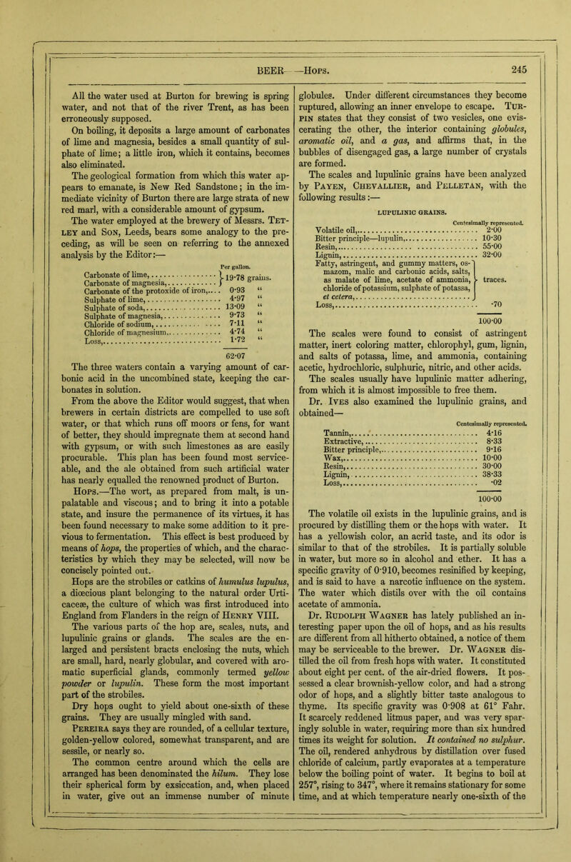 All the water used at Burton for brewing is spring water, and not that of the river Trent, as has been erroneously supposed. On boiling, it deposits a large amount of carbonates of lime and magnesia, besides a small quantity of sul- phate of bme; a Httle iron, which it contains, becomes also eliminated. The geological formation from which this water ap- pears to emanate, is New Red Sandstone; in the im- mediate vicinity of Burton there are large strata of new red marl, with a considerable amount of gypsum. The water employed at the brewery of Messrs. Tet- ley and Son, Leeds, bears some analogy to the pre- ceding, as win he seen on referring to the annexed analysis by the Editor:— Per gallon. Carbonate of lime, 1 „raius. Carbonate of magnesia, } Carbonate of the protoxide of iron,.... 0-93 “ Sulphate of lime, 4'97 “ Sulphate of soda, 13'09 “ Sulphate of magnesia, 9-73 “ Chloride of sodium, 7-11 “ Chloride of magnesium, 4'74 “ Loss, 1-72 “ 62-07 The three waters contain a varying amount of car- bonic acid in the uncombined state, keeping the car- bonates in solution. From the above the Editor would suggest, that when brewers in certain districts are compelled to use soft water, or that which nms off moors or fens, for want of better, they should impregnate them at second hand with gypsum, or with such limestones as are easily procurable. This plan has been found most service- able, and the ale obtained from such artificial water has nearly equalled the renowned product of Burton. Hops.—The wort, as prepared from malt, is un- palatable and viscous; and to bring it into a potable state, and insure the permanence of its virtues, it has been found necessary to make some addition to it pre- vious to fermentation. This effect is best produced by means of hops, the properties of which, and the charac- teristics by which they may be selected, will now be concisely pointed out. Hops are the strobiles or catkins of humulus lupulus, a dioecious plant belonging to the natural order Urti- cacese, the culture of which was first introduced into England from Flanders in the reign of Henry VIII. The various parts of the hop are, scales, nuts, and lupulinic grains or glands. The scales are the en- larged and persistent bracts enclosing the nuts, which are small, hard, nearly globular, and covered with aro- matic superficial glands, commonly termed yellow powder or lupulin. These form the most important part of the strobiles. Dry hops ought to yield about one-sixth of these grains. They are usually mingled with sand. Pereira says they are rounded, of a cellular texture, golden-yellow colored, somewhat transparent, and are sessile, or nearly so. The common centre around which the celts are arranged has been denominated the hilum. They lose their spherical form by exsiccation, and, when placed in water, give out an immense number of minute globules. Under different circumstances they become ruptured, allowing an inner envelope to escape. Tur- pin states that they consist of two vesicles, one evis- cerating the other, the interior containing globules, aromatic oil, and a gas, and affirms that, in the bubbles of disengaged gas, a large number of crystals are formed. The scales and lupulinic grains have been analyzed by Payen, Chevallier, and Pelletan, with the following results:— LUPULINIC GRAINS. Cenlcsimallf represented. Volatile oil, 2-00 Bitter principle—lupulin, 10-30 Eesin, 55-00 Lignin, 32-00 Fatty, astringent, and gummy matters, os-'| mazom, malic and carbonic acids, salts, as malate of lime, acetate of ammonia, > traces, chloride of potassium, sulphate of potassa, et cetera, J Loss, -70 100-00 The scales were found to consist of astrmgent matter, inert coloring matter, chlorophyl, gum, hgnin, and salts of potassa, lime, and ammonia, containing acetic, hydrochloric, sulphuric, nitric, and other acids. The scales usually have lupulinic matter adhering, from which it is almost impossible to free them. Dr. Ives also examined the lupulinic grains, and obtained— CentesimoUy represented* Tannin, 4-16 Extractive, 8-33 Bitter principle, 9-16 Wax, 10-00 Resin, 30-00 Lignin, 38-33 Loss, -02 100-00 The volatile oil exists in the lupulinic grains, and is proctned by distilling them or the hops with water. It has a yellowish color, an acrid taste, and its odor is similar to that of the strobiles. It is partially soluble in water, but more so in alcohol and ether. It has a specific gravity of 0'910, becomes resinified by keeping, and is said to have a narcotic influence on the system. The water which distils over with the oil contains acetate of ammonia. Dr. Rudolph Wagner has lately published an in- teresting paper upon the oil of hops, and as his results are different from aU hitherto obtained, a notice of them may be serviceable to the brewer. Dr. Wagner dis- tilled the oil from fresh hops with water. It constituted about eight per cent, of the air-dried flowers. It pos- sessed a clear brownish-yeUow color, and had a strong odor of hops, and a slightly bitter taste analogous to thyme. Its specific gravity was 0-908 at 61° Fahr. It scarcely reddened litmus paper, and was very spar- ingly soluble in water, requiring more than six hunted times its weight for solution. It contained no sulphur. The oil, rendered anhydrous by distillation over fused chloride of calcium, partly evaporates at a temperature below the boiling point of water. It begins to boil at 257°, rising to 347°, where it remains stationary for some time, and at which temperature nearly one-sixth of the