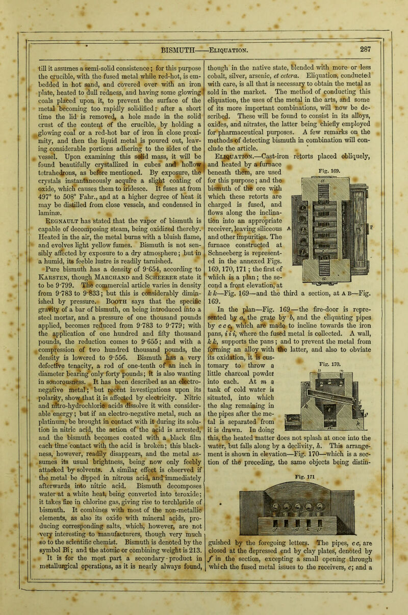 BISMUTH Eliquation. till it assumes a semi-solid consistence; for this purpose the crucible, with the fused metal while red-hot, is em- bedded in hot sand, and covered over with an iron plate, heated to dull redness, and having some glowing: coals placed upon it, to prevent the surface of the metal becoming too rapidly soliiiified; after a short time the lid is removed, a hole made in the sohd crust of the content of the crucible, by holding a , glowing coal or a red-hot bar of iron in close proxi- mity, and then the hquid metal is poured out, leav- ing considerable portions adhering to the sides of the . vessel. Upon examining this solid mass, it will he found beautifully crystallized in cubes' and' hollow tetrahedrons, as before mentioned. By exposme, the crystals instanftineously acquire a sli^t coating of oxide, whiclT causes them to iridesce. It fuses at from 497° to 508° Fahr., and at a higher degree of heat it may be distilled from close vessels, and condensed in laminae. Eegnault has stated that the vapor of bismuth is capable of decomposing steam, being oxidized thereby. Heated in the air, the metal burns with a bluish flame, and evolves light yellow fumes. Bismuth is not sen- sibly affected by exposure to a dry atmosphere; but in a humid, its feeble lustre is readily tarnished. Pure bismuth has a density of 9'654, according to Kaksten, though Makchand and Sc&erer state it to be 9'799. The commercial article varies in density from 9'783 to 9'833; but this is considerably dimin- ished by pressure. Booth says that the specific gravity of a bar of bismuth, on being introduced into a steel mortar, and a pressure of one thousand pounds applied, becomes reduced from 9'783 to 9‘779; with the application of one hundred and fifty thousand pounds, the reduction comes to 9‘655; and with a compression of two hundred thousand pounds, the density is lowered to 9'556. Bismuth has a very defective tenacity, a rod of one-tenth of an ineh in diameter bearing* only forty pounds; it is also wanting in sonorousness. It has been described as an elfectro- negative metal; but reclnt investigations upon its polarity, show^that it is affeqjed by electricity. Nitric and nftro-hydrochloric' acids dissolve it with consider- able energy; but if an electro-negative metal, such as platinum, be brought in contact with it during its solu- tion in nitric acid, the action of the acid is arrested, and the bismuth becomes coated with a hlack film each time contact with the acid is broken; this black- ness, however, readily disappears, and the metal as- sumes its usual brightness, being now only feebly attacked by solvents. A similar effect is observed if the metal be dipped in nitrous acid, and immediately afterwards into nitidc acid. Bismuth decomposes water at a white heat, being converted into teroxide; it takes fire in chlorine gas, giving rise to terchloride of bismuth. It combines with most of the non-metallic elements, as also its oxide with mineral acids, pro- ducing corresponding salts, which, however, are not very interesting to manufacturers, though verj' much so to the scientific chemist. Bismuth is denoted by the symbol Bi; and the atomic or combining weight is 213. It is for the most part a secondary - product in metallurgical operations, as it is nearly always found. Fig. 169. though in the native state, blended with more or less cobalt, silver, arsenic, et cetera. Eliquation, conducted with care, is aU that is necessary to obtain the metal as sold in the market. The method of conducting this eliquation, the uses of the metal in the arts, and some of its more important combinations, will now be de- scribed. These will be found to consist in its alloys, oxides, and nitrates, the latter being chiefly employed for pharmaceutical purposes. A few remarks on the methods of detecting bismuth in combination wiU con- clude the article. Eliquation.—Cast-iron retorts placed obliquely, and heated by a fufhace beneath them, are used for this purpose; and the bismuth of the ore v'\th which these retorts are charged is fused, and flows along the inclina- tion into an appropriate receiver, lea'sdng siliceous and other impurities. The furnace constructed at Schneeberg is represent- ed in the annexed Figs. 169,170,171; the first of which is a plan; the se- cond a front elevation, at kk—Fig. 169—and the third a section, at ab—Fig. 169. In the plan—Fig. 169—the fire-door is repre- sented by d, the grate by 6, and the eliquating pipes by ccc, whieh are made to incline towards the iron pans, i i i, where the fused metal is collected. A wall, k k, supports the pans; and to prevent the metal from forming an ahoy with the latter, and also to obviate its oxidsrtion, it is cus- tomary to throw a little charcoal powdel into each. At m a tank of cold water is situated, into which the slag remaining in the pipes after the me- tal is separated from it is drawn. In doing this, the heated matter does not splash at once into the water, but faUs along by a declivity, h. This arrange- ment is shown in elevation—Fig. 170—which is a sec- tion of the preceding, the same objects being distin- Fig. 171 Fig. 170. guished by the foregoing letters. The pipes, cc, are closed at the depressed pnd by clay plates, denoted by f in the section, excepting a small opening through which the fused metal issues to the receivers, c; and a