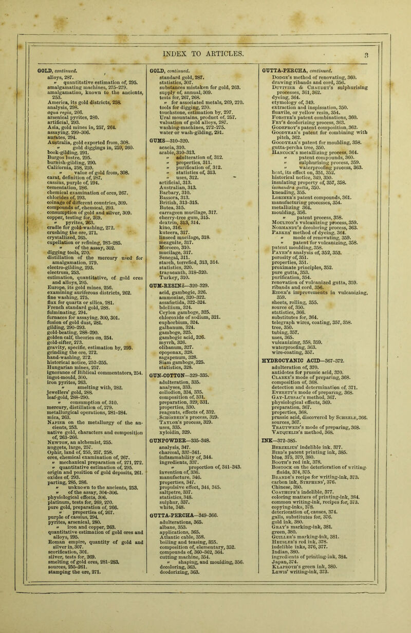 GOLD, continued. alloys, 287. u quantitative estimation of, 295. amalgamating machines, 275-279. amalgamation, known to the ancients, 253. America, its gold districts, 258. analysis, 298. aqua regia, 266. arsenical pyrites, 280. artificial, 293. Asia, gold mines in, 257, 264. assaying. 299-306. aurates, 294. Australia, gold exported from, 308.  gold diggings in, 259, 260. book-gilding, 291. Burgos lustre, 295. burnish-gilding, 290. California, 258, 259. u value of gold from, 308. carat, definition of, 287. cassius, purple of, 294. cementation, 286. chemical examination of ores, 267. chlorides of, 293. coinage of different countries, 309. compounds of, chemical, 293. consumption of gold and silver, 309. copper, testing for, 269. •' pyrites, 263. cradle for gold-washing, 272. crushing the ore, 271. crystallized, 265. cupellation or refining, 283-285. •f of the assay, 302. digging tools, 270. distillation of the mercury used for amalgamation, 279. electro-gilding, 293. electrum, 253. estimation, quantitative, of gold ores and alloys, 295. Europe, its gold mines, 256. examining auriferous districts, 262. fine washing, 275. flux for quartz or silica, 281. French standard gold, 288. fulminating, 294. furnaces for assaying, 300, 301. fusion of gold dust, 281. gilding, 290-293. gold-beating, 288-290. golden calf, theories on, 254. gold-sifter, 273. gravity, specific, estimation by, 295. grinding the ore, 272. hand-washing, 272. historical notice, 252-255. Hungarian mines, 257. ignorance of Biblical commentators, 254. ingot-mould, 300. iron pyrites, 263. if smelting with, 282. jewellers’ gold, 288. leaf-gold, 288-290. if consumption of, 310. mercury, distillation of, 279. metallurgical operations, 281-284. mica, 263. Napier on the metallurgy of the an- cients, 253. native gold, characters and composition of, 263-266. Newton, an alchemist, 255. nuggets, large, 257. Ophir, land of, 255, 257, 258. ores, chemical examination of, 267. u mechanical preparation of, 271,272. if quantitative estimation of, 295. origin and position of gold deposits, 261. oxides of, 293. parting, 285, 286. if unknown to the ancients, 253. •f of the assay, 304-306. physiological effects, 306. platinum, tests for, 269, 270. pure gold, preparation of, 266. if properties of, 267. purple of cassius, 294. pyrites, arsenical, 280. •f iron and copper, 263. quantitative estimation of gold ores and alloys, 295. Roman empire, quantity of gold and silver in, 307. scorification, 301. silver, tests for, 269. smelting of gold ores, 281-283. sources, 255-261. stamping the ore, 271. GOLD, continued. standard gold, 287. statistics, 307. substances mistaken for gold, 263. supply of, annual, 309. tests for, 267, 268. a for associated metals, 269, 270. tools for digging, 270. touchstone, estimation by, 297. Ural mountains, product of, 257. valuation of gold alloys, 287. washing-machines, 272-275. water or wash-gilding, 291. GUMS—310-320. acacia, 310. arabic, 310-313. if adulteration of, 312. if properties, 311. a purification of, 312. if statistics of, 313. n uses, 312. - artificial, 313. Australian, 313. Barbary, 310. Bassora, 313. British, 313-315. Butea, 315. carrageen mucilage, 317. cherry-tree gum, 315. dextrin, 313, 314. kino, 316. kuteera, 317. linseed mucilage, 318. mezgnite, 317. Morocco, 310. mucilage, 317. Senegal, 311. starch, torrefied, 313, 314. statistics, 320. tragacanth, 318-320. Turkey, 310. GUM-RESINS—320-329. acid, gambogic, 326. ammoniac, 320-322. assafcetida, 322-324. bdellium, 324. Ceylon gamboge, 325. chloroxide of sodium, 321. euphorbium, 324. galbanum, 324. gamboge, 325. gambogic acid, 326. myrrh, 326. olibanum, 327. opoponax,328. sagapenum, 328. Siam gamboge, 325. statistics, 328. GUN-COTTON—329-335. adulteration, 335. analyses, 333. collodion, 334, 335. composition of, 331. preparation, 329, 331. properties, 330. reagents, effects of, 332. Schonbein’s process, 329. Taylor’s process, 329. uses, 335. xyloidin, 329. GUNPOWDER—335-348. analysis, 347. charcoal, 337-341. inflammability of, 344. ingredients, 337. if proportion of, 341-343. invention of, 336. manufacture, 346. properties, 347. propulsive effect, 344, 345. saltpetre, 337. statistics, 348. sulphur, 337. white, 348. GUTTA-PERCHA—349-366. adulterations, 365. albane, 353. applications, 365. Atlantic cable, 358. boiling and teasing, 355. composition of, elementary, 352. compounds of, 360-362, 364. cutting machine, 354. if shaping, and moulding, 356. decoloring, 363. deodorizing, 363. GUTTA-PERCHA, continued. Dodge’s method of renovating, 360. drawing ribands and cord, 356. Duvivier & Chaudet’s sulphurising processes, 361,362. dyeing, 364. etymology of, 349. extraction and inspissation, 350. fluavile, or yellow resin, 354. Forster’s patent combinations, 360. Fry’s deodorizing process, 363. Qodefroy’s patent composition, 362. Goodyear’s patent for combining with pitch, 362. Goodyear’s patent for moulding, 358. gutta-percha tree, 350. Hancock’s metallizing process, 364. u patent compounds, 360. a sulphurising process, 359. a waterproofing process, 363. heat, its effect on, 351, 352. historical notice, 349, 350. insulating property of, 357, 358. isonandra gutta} 350. kneading, 355. Lorimer’s patent compounds, 361. manufacturing processes, 354. metallizing 364. moulding, 356. u patent process, 358. Moulton's vulcanizing process, 359. Normandy’s decoloring process, 363. Parkes’ method of dyeing, 364. •f mode of renovating, 359. a patent for vulcanizing, 358. patent moulding, 358. Payen’s analysis of, 352, 353. porosity of, 351. properties, 351. proximate principles, 352. pure gutta, 353. purification, 354. renovation of vulcanized gutta, 359. ribands and cord, 356. Rider’s improvements in vulcanizing. 359. sheets, rolling, 355. source of, 350. statistics, 366. substitutes for, 364. telegraph wires, coating, 357, 358. tree, 350. tubing, 357. uses, 365. vulcanizing, 358, 359. waterproofing, 363. wire-coating, 357. HYDROCYANIC ACID—367-372. adulteration of, 370. antidotes for prussic acid, 370. Clarke’s mode of preparing, 368. composition of, 368. detection and determination of, 371. Everett’s mode of preparing, 368. Gay-Lussac’s method, 367. physiological effects, 369. preparation, 367. properties, 368. prussic acid, discovered by Scheele,366. sources, 367. Trautwein’s mode of preparing, 368. Vauquelin’s method, 368. INK—372-385. Berzelius’ indelible ink. 377. Bird’s patent printing ink, 385. blue, 375, 379, 380. Booth’s red ink, 378. Bostock on the deterioration of writing- fluids, 374,375. Brande’s recipe for writing-ink, 373. carbon ink, Stephens’, 376. Chinese, 380. Coathupe’s indelible, 377. coloring matters of printing-ink, 3S4. common writing-ink, recipes for, 373. copying-inks, 378. deterioration of, causes, 374. galls, substitutes for, 376. gold ink, 3S0. Gray’s marking-ink, 381. green, 380. Guiller’s marking-ink, 381. Heusler’s red ink, 378. indelible inks, 376, 377. Indian, 380. ingredients of printing-ink, 384. Japan, 374. Klaproth’s green ink, 380. Lewis’ writing-ink, 373.