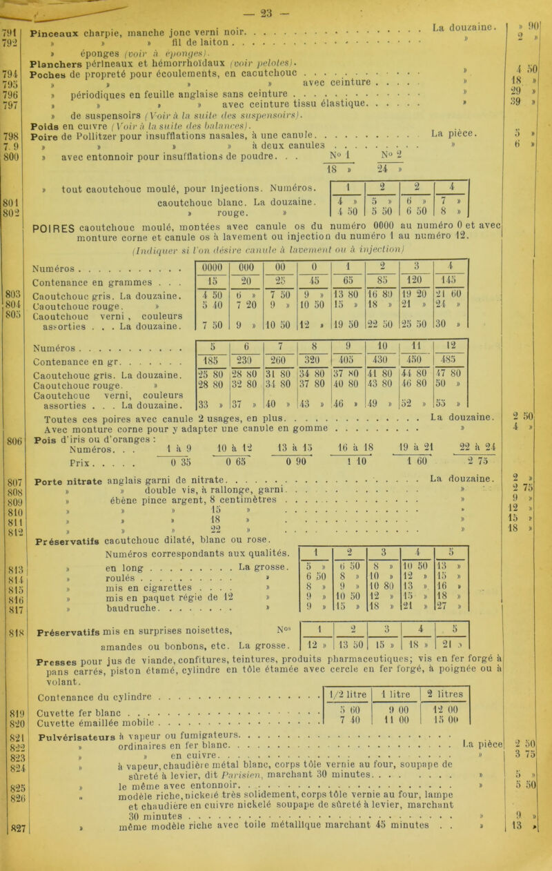 791 792 794 793 796 797 798 7.9 800 801 802 803 804 805 806 807 808 809 810 811 812 813 814 815 816 817 La douzaine. B Pinceaux charpie, manche jonc verni noir » » » fil de laiton » éponges (voir à éponges). Planchers périnéaux et hémorrhoïdaux (voir pelotes). Poches de propreté pour écoulements, en caoutchouc . . . » # » » avec ceinture .... » périodiques en feuille anglaise sans ceinture n » » » avec ceinture tissu élastique » de suspensoirs (Voir à la suite, des suspensoirs). Poids en cuivre (Voir à la suite des balances). Poire de Pollitzer pour insufflations nasales, à une canule La pièce » » b » à deux canules » b avec entonnoir pour insufflations de poudre. . . N° 1 N° 2 18 24 1 2 2 4 4 B 5 B 6 B 7 B 4 50 5 50 6 50 8 B b tout caoutchouc moulé, pour Injections. Numéros. caoutchouc blanc. La douzaine. b rouge. » POIRES caoutchouc moulé, montées avec canule os du numéro 0000 au numéro 0 et avec monture corne et canule os à lavement ou injection du numéro 1 au numéro 12. (Indiquer si l'on désire canule à lavement ou à injection) Numéros 00UÜ 000 00 0 1 2 3 4 Contenance en grammes . . . 15 20 25 45 65 85 120 145 Caoutchouc gris. La douzaine. 4 50 6 B 7 50 9 B 13 80 16 80 19 20 21 60 Caoutchouc rouge. b 5 40 7 20 9 B 10 50 15 » 18 B 21 B 24 b Caoutchouc verni , couleurs assorties ... La douzaine. 7 50 9 B 10 50 12 B 19 50 22 50 25 50 30 b Numéros 5 6 7 8 9 10 11 12 Contenance en gr 185 230 260 320 405 430 450 485 Caoutchouc gris. La douzaine. 25 80 28 80 31 80 34 80 37 *0 41 80 44 80 47 80 Caoutchouc rouge. b 28 80 32 80 34 80 37 80 40 80 43 80 46 80 50 b Caoutchouc verni, couleurs assorties ... La douzaine. 33 b 37 b 40 b 43 b 46 » 49 b 52 b 53 b Toutes ces poires avec canule 2 usages, en plus. . Avec monture corne pour y adapter une canule en gomme Pois d’iris ou d’oranges : Numéros. . . 1 à 9 10 à 12 13 à 13 Prix . 0 35 0 65 0 90 16 à 18 1 10 ‘ 19 à 21 1 60 22 h 24 75 Porte nitrate anglais garni de nitrate La douzaine. b b double vis, à rallonge, garni » b ébène pince argent, 8 centimètres » b » b 15 » ” b » » 18 » . B B » 22 B B Préservatifs caoutchouc dilaté, blanc ou rose. Numéros correspondants aux qualités. b en long La grosse. roulés » mis en cigarettes .... mis en paquet régie de 12 baudruche 1 2 3 4 5 5 B 6 50 8 B 10 50 13 B 6 50 8 B 10 B 12 B 15 B 8 B 9 B 10 80 13 B 16 B 9 B 10 50 12 B 15 B 18 B 9 B 15 B 18 B 21 B 27 b 818 Préservatifs mis en surprises noisettes, N°s 1 2 3 4 5 amandes ou bonbons, etc. La grosse. 12 B 13 50 15 B 18 B 21 .B Presses pour jus de viande, confitures, teintures, produits pharmaceutiques; vis en fer forgé k pans carrés, piston étamé, cylindre en tôle étamée avec cercle en fer forgé, k poignée ou k volant. 819 820 821 822 823 824 825 826 827 Contenance du cylindre 1/2 litre 1 litre 2 litres Cuvette émaillée mobile 5 60 7 40 9 00 11 00 12 00 15 00 Pulvérisateurs k vapeur ou fumigateurs b ordinaires en fer blanc La pièce b b en cuivre » b k vapeur, chaudière métal blanc, corps tôle vernie au four, soupape de sûreté’k levier, dit Parisien, marchant 30 minutes b b le même avec entonnoir. b .. modèle riche, nickelé très solidement, corps tôle vernie au four, lampe et chaudière en cuivre nickelé soupape de sûreté k levier, marchant 30 minutes » b même modèle riche avec toile métallique marchant 45 minutes . . b 4 18 29 39 o 6 2 4 2 o 9 12 15 18 2 3 3 5 9. 13