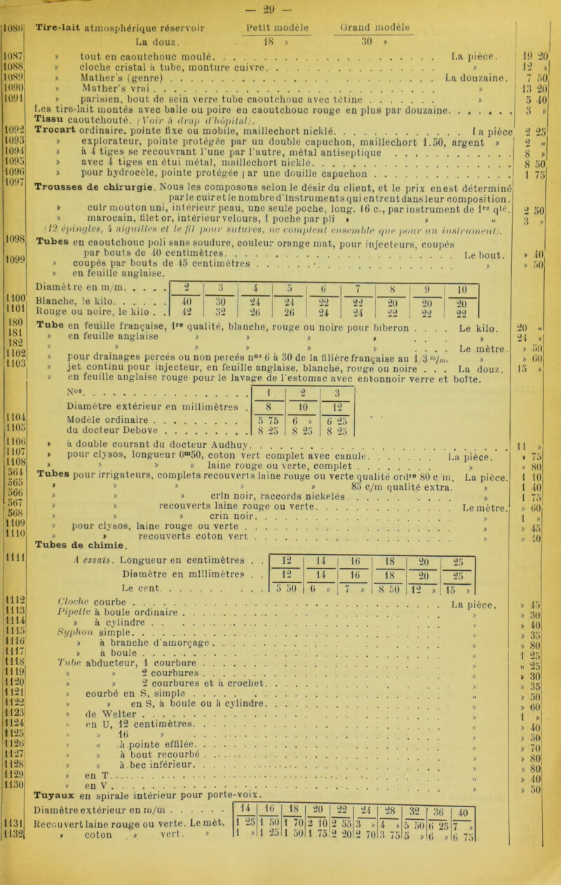 1086 lus: 1088 1089 1090 1091 1092 1093 1094 1093 1090 1097 1098 1099 1100 1101 180 181 182 1102 1103 1104 1103 1100 1107 1108 504 505 560 507 508 1109 1110 1111 1112 1113 1114 1115 1110 1117 1118 1119 11120 1121 1122 1123 1124: 1125 ' 1120; 1127! 1128 {1129 ; 1130 1131 1132 Tire-lait atmosphérique réservoir La douz. Petit modèle 18 » Grand modèle 30 ~ » tout en caoutchouc moulé La pièce. » cloche cristal à tube, monture cuivre » » Mather’s (genre) La douzaine. » Mather’s vrai » b parisien, bout de sein verre tube caoutchouc avec tétine b Les tire-lait montés avec balle ou poire en caoutchouc rouge en plus par douzaine Tissu caoutchouté. (Voir à drap d'hôpital). Trocart ordinaire, pointe fixe ou mobile, maillechort nicklé la pièce b explorateur, pointe protégée par un double capuchon, maillechort 1.50, argent b b à 4 tiges se recouvrant l’une par l’autre, métal antiseptique b avec 4 tiges en étui métal, maillechort nicklé b pour hydrocèle, pointe protégée | ar une douille capuchon Trousses de chirurgie. Nous les composons selon le désir du client, et le prix enest déterminé parle cuir et le nombre d’instruments qui entrent dans leur composition. b cuir mouton uni, intérieur peau, une seule poche, long. 16 c., par instrument de lre q«ê. b marocain, filet or, intérieur velours, 1 poche par pli » » » 112 épingles, 4 aiguilles et le fil pour sutures, ne comptent ensemble que pour un instrument). Tubes en caoutchouc poli sans soudure, couleur orange mat, pour injccteurs, coupés par bouts de 40 centimètres ... . Le bout. b coupés par bouts de 45 centimètres • » b en feuille anglaise. Diamètre en m/m. . . 2 | 3 4 5 6 7 8 1 9 10 40 30 24 24 22 22 20 20 20 42 32 26 26 24 24 22 | 22 22 Blanche, le kilo Rouge ou noire, le kilo . Tube en feuille française, lre qualité, blanche, rouge ou noire pour biberon . b en feuille anglaise b b » , » » B B B B . . b pour drainages percés ou non percés nos 6 à 30 de la filière française au î 3 '/ b jet continu pour injecteur, en feuille anglaise, blanche, rouge ou noire ... b en feuille anglaise rouge pour le lavage de l'estomac avec entonnoir verre et boîte. No» Le kilo. )> Le mètre. B La douz. Diamètre extérieur en millimètres . Modèle ordinaire du docteur Debove à double courant du docteur Audhuy 1 2 3 8 10 12 5 75 6 B 6 25 8 25 8 25 8 25 b pour clysos, longueur 0m50, coton vert complet avec canule La pièce. » » » » laine rouge ou verte, complet b Tubes pour irrigateurs, complets recouverts laine rouge ou verte qualité ordre 80 c m. La pièce. * * 8 8# » 85 c/m qualité extra. » 8 » » crin noir, raccords nickelés » b b recouverts laine rouge ou verte Le mètre » b b crin noir. » pour clysos, laine rouge ou verte . . » » recouverts coton vert . Tubes de chimie. A essais. Longueur en centimètres . Diamètre en millimètres . Le cent 12 14 16 18 20 25 12 14 16 18 20 25 5 50 6 B 7 B 8 50 12 B 15 B Cloche courbe Pipette h boule ordinaire b à cylindre ’ Syphon simple b à branche d'amorçage ’ b à boule Tube abducteur, 1 courbure piece. )) 2 courbures b 2 courbures et à crochet. courbé en S, simple b en S, à boule ou à cylindre. de Welter en U, 12 centimètres B en T en V 16 » à pointe effilée. . à bout recourbé . à bec inférieur. . Tuyaux en spirale intérieur pour porte-voix. Diamètre extérieur en ro/m Recou vert laine rouge ou verte. Lemèt » coton b vert. » 14 16 18 20 22 24 28 32 36 40 1 25 1 B 1 50 1 25 1 70 1 50 2 10 1 75 2 55 2 20 3 B 2 70 4 B 3 75 5 50 5 B 6 25 6 B 7 B 6 75 19 20 12 8 7 50 13 20 5 40 3 2 25 2 8 B 8 50 I 75 2 50 3 B b 40 b 50 20 24 b b 50 b 60 » / o b 80 1 10 1 40 1 75 b 60 B 45 40 b 43 » 30 B 40 b 33 b 80 1 25 25 b 30 b 35 b 50 b 60 1 B b 40 b 50 b 70 B 80 B 80 b 40
