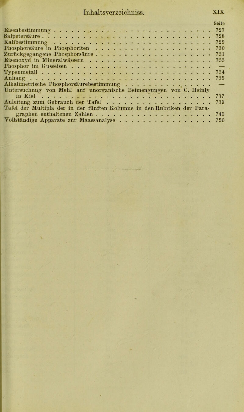 Seite Eisenbestimm ung 727 Salpetersäure 728 Kalibestimmung 729 Phospkorsäure in Phosphoriten 730 Zurückgegangene Phosphorsäure 731 Eisenoxyd in Mineralwässern 733 Phosphor im Gusseisen — Typenmetall 734 Anhang 735 Alkalimetrische Phosphorsäurebestimmung — Untersuchung von Mehl auf unorganische Beimengungen von C. Heinly in Kiel 737 Anleitung zum Gebrauch der Tafel 739 Tafel der Multipla der in der fünften Kolumne in den Rubriken der Para- graphen enthaltenen Zahlen 740 Vollständige Apparate zur Maassanalyse 750 (