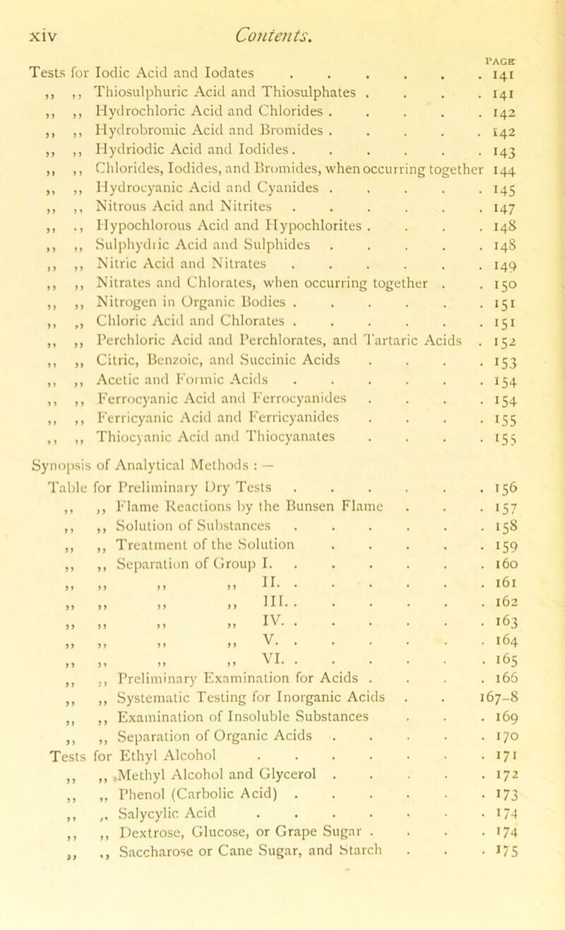 PACE Tests for Iodic Acid and lodates ...... 141 ,, ,, Tliiosulphuric Acid and Thiosulphates .... 141 ,, ,, Hydrochloric Acid and Chlorides ..... 142 ,, ,, Hydrobromic Acid and Bromides ..... £42 ,, ,, Hydriodic Acid and Iodides. ..... 143 ,, ,, Chlorides, Iodides, and Bromides, when occurring together 144 ,, ,, Hydrocyanic Acid and Cyanides ..... 145 ,, ,, Nitrous Acid and Nitrites ...... 147 ,, ., Hypochlorous Acid and Hypochlorites .... 148 ,, ,, Sulphydiic Acid and Sulphides ..... 148 ,, ,, Nitric Acid and Nitrates ...... 149 ,, ,, Nitrates and Chlorates, when occurring together . . 150 ,, ,, Nitrogen in Organic Bodies . . . . . .151 ,, ,, Chloric Acid and Chlorates . . . . . . *51 ,, ,, Perchloric Acid and Perchlorates, and Tartaric Acids . 152 ,, ,, Citric, Benzoic, and Succinic Acids .... 153 ,, ,, Acetic and Formic Acids . . . . . .154 ,, ,, Ferrocyanic Acid and Ferrocyanides . . . .154 ,, ,, Ferricyanic Acid and Ferricyanides .... 155 ,, ,, Thiocyanic Acid and Thiocyanates . . . .155 Syno[ Tal Te sis of Analytical Methods : — e for Preliminary IJry Tests ,, Flame Reactions by the Bunsen Flame ,, Solution of Substances ,, Treatment of the .Solution ,, Separation of Group I. „ II. . . „ HI.. „ IV. . „ V. . „ VI. . . Preliminary Examination for Acids Systematic Testing for Inorganic Acids Examination of Insoluble Substances Separation of Organic Acids s for Ethyl Alcohol .Methyl Alcohol and Glycerol Phenol (Carbolic Acid) . Salycylic Acid Dextrose, Glucose, or Grape Sugar Saccharose or Cane Sugar, and Starch . 156 • 157 . 158 • 159 . i6o . i6r . 162 . 163 . 164 . 165 . 166 167-8 . 169 . 170 • *71 • 172 • 173 • 174 ■ '74 • '75