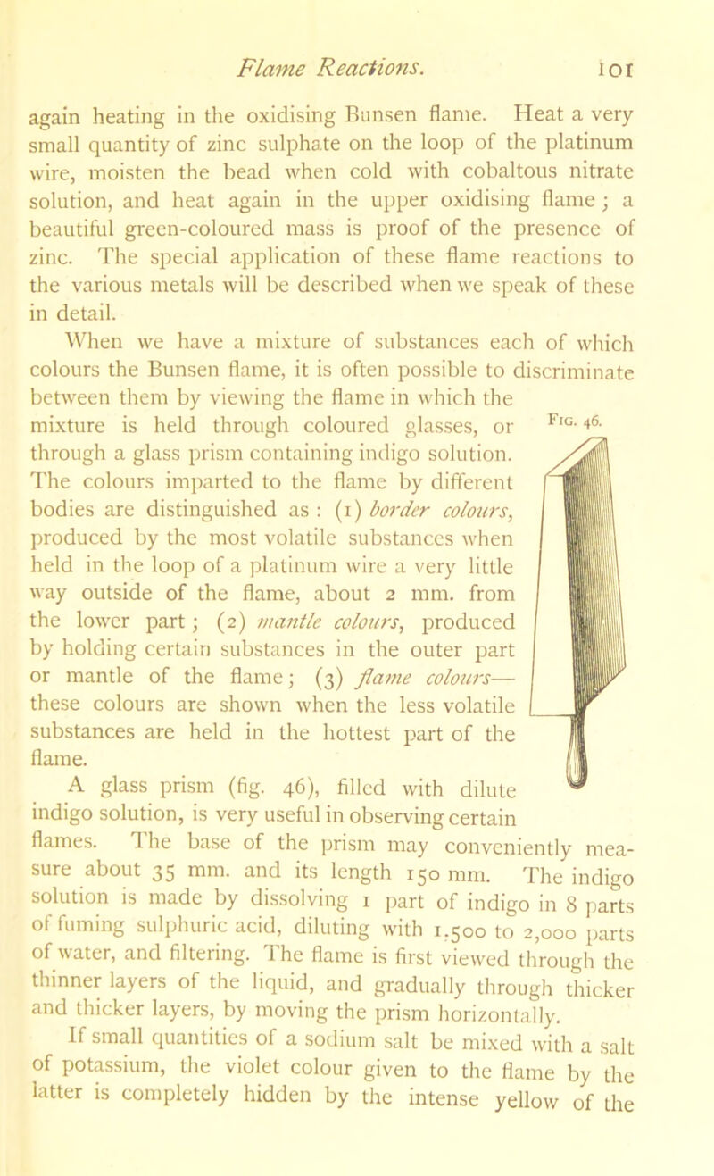 Fig. 46. again heating in the oxidising Bunsen flame. Heat a very small quantity of zinc sulphate on the loop of the platinum wire, moisten the bead when cold with cobaltous nitrate solution, and heat again in the upper oxidising flame ; a beautiful green-coloured mass is proof of the presence of zinc. The special application of these flame reactions to the various metals will be described when we speak of these in detail. When we have a mixture of substances each of which colours the Bunsen flame, it is often possible to discriminate between them by viewing the flame in which the mixture is held through coloured glasses, or through a glass prism containing indigo solution. The colours imparted to the flame by different bodies are distinguished as : (i) border colours, produced by the most volatile substances when held in the loop of a platinum wire a very little way outside of the flame, about 2 mm. from the lower part; (2) maritlc colours, produced by holding certain substances in the outer part or mantle of the flame; (3) flame colours— these colours are shown when the less volatile substances are held in the hottest part of the flame. A glass prism (fig. 46), filled with dilute indigo solution, is very useful in observing certain flames. The base of the prism may conveniently mea- sure about 35 mm. and its length 150 mm. The indigo solution is made by dissolving i part of indigo in 8 parts of fuming sulphuric acid, diluting with 1,500 to 2,000 parts of water, and filteimg. Ihe flame is first viewed through the thinner layers of the liquid, and gradually through thicker and thicker layers, by moving the prism horizontally. If small quantities of a sodium salt be mixed with a salt of potassium, the violet colour given to the flame by the latter is completely hidden by the intense yellow of the