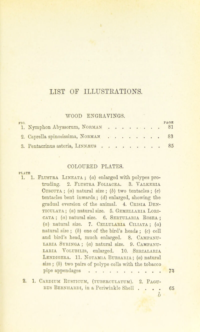 LIST OF ILLUSTRATIONS. WOOD ENGRAVINGS. Fin. PARE 1. Nymphon Abyssorum, Norman 81 2. Caprella spinosissima, Norman 83 3. Pentacrinus asteria, Linnueus 85 COLOURED PLATES. PLATE 1. 1. Flustra Lineata ; (a) enlarged with polypes pro- truding. 2. Fltjstra Foliacea. 3. Valkeria Cuscuta ; (a) natural size ; (b) two tentacles ; (c) tentacles bent inwards ; (cl) enlarged, showing the gradual eversion of the animal. 4. Crisia Den- ticulata ; (a) natural size. 5. Gemellaria Lori- cata ; (a) natural size. 6. Sertularia Rosea ; (a) natural size. 7. Cellularia Ciliata ; (a) natural size ; (l) one of the bird’s heads ; (c) cell and bird’s head, much enlarged. 8. Campanu- laria Syringa ; (a) natural size. 9. Campanu- laeia Volubilis, enlarged. 10. Serialaria Lendigera. 11. Notamia Bursaria; (a) natural size ; (b) two pairs of polype cells with the tobacco pipe appendages 73 2. 1. Cardium Rusticum, (tuberculatum). 2. Pagu- RUS Bernhardi, in a Periwinkle Shell .... 65 b