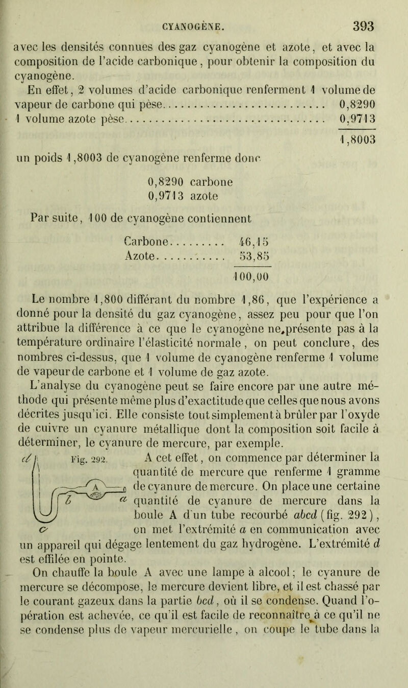 avec les densités connues des gaz cyanogène et azote, et avec la composition de l’acide carbonique, pour obtenir la composition du cyanogène. En effet, 2 volumes d’acide carbonique renferment 1 volume de vapeur de carbone qui pèse 0,8290 1 volume azote pèse 0,9713 1,8003 un poids 1,8003 de cyanogène renferme donc 0,8290 carbone 0,9713 azote Par suite, 100 de cyanogène contiennent Carbone 46,15 Azote 53,85 100,00 Le nombre 1,800 différant du nombre 1,86, que l’expérience a donné pour la densité du gaz cyanogène, assez peu pour que l’on attribue la différence à ce que le cyanogène ne,présente pas à la température ordinaire l’élasticité normale , on peut conclure, des nombres ci-dessus, que 1 volume de cyanogène renferme 1 volume de vapeur de carbone et 1 volume de gaz azote. L’analyse du cyanogène peut se faire encore par une autre mé- thode qui présente même plus d’exactitude que celles que nous avons décrites jusqu’ici. Elle consiste tout simplement à brûler par l’oxyde de cuivre un cyanure métallique dont la composition soit facile à déterminer, le cyanure de mercure, par exemple. Fig. 292. A cet effet, on commence par déterminer la quantité de mercure que renferme 1 gramme de cyanure de mercure. On place une certaine a quantité de cyanure de mercure dans la boule A d'un tube recourbé a6cd(fig. 292), on met l’extrémité a en communication avec un appareil qui dégage lentement du gaz hydrogène. L’extrémité d est effilée en pointe. On chauffe la bnule A avec une lampe à alcool ; le cyanure de mercure se décompose, le mercure devient libre, et il est chassé par le courant gazeux dans la partie bcd, où il se condense. Quand l’o- pération est achevée, ce qu’il est facile de reconnaître^ ce qu’il ne se condense plus de vapeur mercurielle , on coupe le tube dans la