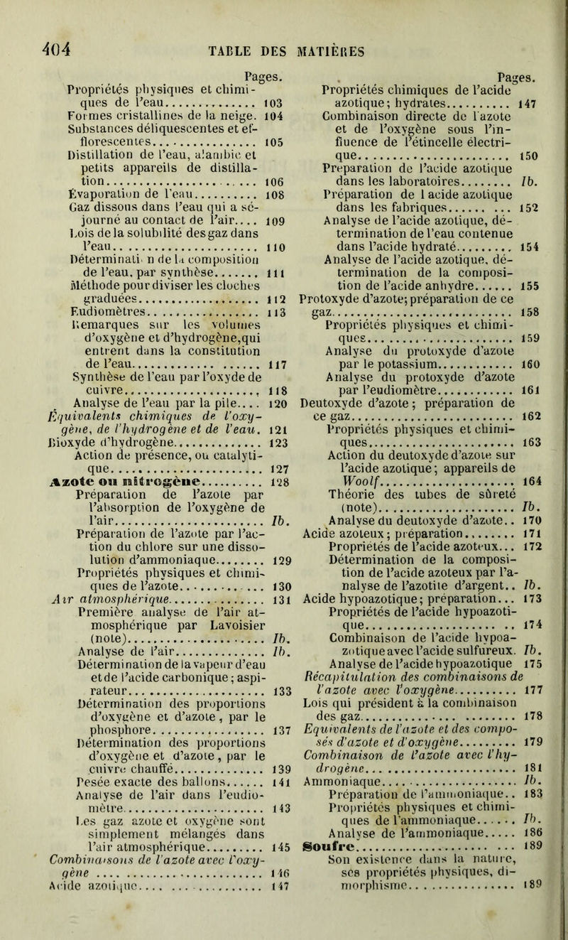 Pages. Propriétés physiques et chimi- ques de l’eau 103 Formes cristallines de la neige. 104 Substances déliquescentes et ef- florescentes 105 Distillation de l’eau, alambic et petits appareils de distilla- tion 106 Évaporation de l’eau 108 Gaz dissous dans l’eau qui a sé- journé au contact de l’air.... 109 Lois delà solubilité des gaz dans l’eau HO Déterminai n de U composition de l’eau, par synthèse ni Méthode pour diviser les cloches graduées 112 Eudiomètres n3 Remarques sur les volumes d’oxygène et d’hydrogène,qui entrent dans la constitution de l’eau 117 Synthèse de l’eau par l’oxyde de cuivre 118 Analyse de l’eau par la pile i20 Équivalents chimiques de l’oxy- gène, de l’hydrogène et de l’eau. 121 Bioxyde d’hydrogène 123 Action de présence, ou catalyti- que 127 Azote on niti ogène 128 Préparation de l’azote par l’absorption de l’oxygène de l’air Ib. Préparation de l’azote par l’ac- tion du chlore sur une disso- lution d’ammoniaque 129 Propriétés physiques et chimi- ques de l’azote 130 Air atmosphérique 131 Première analyse de l’air at- mosphérique par Lavoisier (note) Ib. Analyse de l’air Ib. Détermination de la vapeur d’eau et de l’acide carbonique ; aspi- rateur 133 Détermination des proportions d’oxygène et d’azote, par le phosphore 137 Détermination des proportions d’oxygène et d’azote , par le cuivre chauffé 139 Pesée exacte des ballons i4i Analyse de l’air dans l’eudio- mètre 143 I.es gaz azote et oxygène sont simplement mélangés dans l’air atmosphérique 145 Combinaisons de l'azote avec l'oxy- gène 146 Acide azotique 147 Pages. Propriétés chimiques de l’acide azotique ; hydrates 147 Combinaison directe de l'azote et de l’oxygène sous l’in- fluence de l’étincelle électri- que 150 Préparation de l’acide azotique dans les laboratoires Ib. Préparation de 1 acide azotique dans les fabriques 152 Analyse de l’acide azotique, dé- termination de l’eau contenue dans l’acide hydraté 154 Analyse de l’acide azotique, dé- termination de la composi- tion de l’acide anhydre 155 Protoxyde d’azote; préparation de ce gaz 158 Propriétés physiques et chimi- ques 159 Analyse du protoxyde d’azote par le potassium 160 Analyse du protoxyde d’azote par l’eudiomètre 161 Deutoxyde d’azote ; préparation de ce gaz 162 Propriétés physiques et chimi- ques 163 Action du deutoxyde d’azote sur l’acide azotique; appareils de Woolf 164 Théorie des tubes de sûreté (note) Ib. Analyse du deutoxyde d’azote.. 170 Acide azoteux ; préparation 171 Propriétés de l’acide azoteux... 172 Détermination de la composi- tion de l’acide azoteux par l’a- nalyse de l’azotite d’argent.. 1b. Acide hypoazotique; préparation... 173 Propriétés de l’acide hypoazoti- que 174 Combinaison de l’acide liypoa- zotique avec l’acide sulfureux. Ib. Analyse de l’acide hypoazotique 175 Récapitulation des combinaisons de l’azote avec l’oxygène 177 Lois qui président à la combinaison des gaz 178 Equivalents de l’azote et des compo- sés d’azote et d’oxygène 179 Combinaison de l’azote avec l’hy- drogène 181 Ammoniaque Ib. Préparation de l’ammoniaque. . 183 Propriétés physiques et chimi- ques de l'ammoniaque Ib. Analyse de l’ammoniaque 186 Soufre 189 Son existence dans la nature, ses propriétés physiques, di- morphisme 189