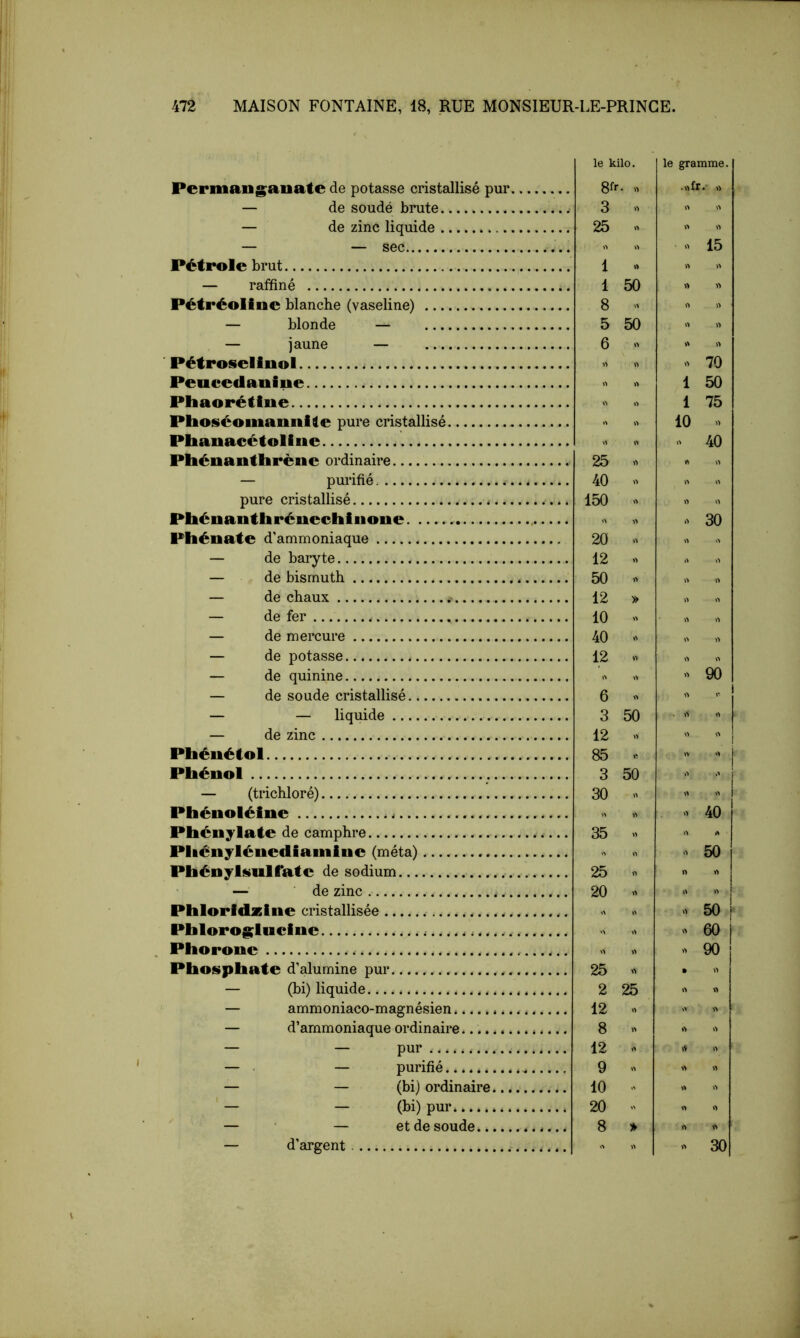 472 MAISON FONTAINE, 18, RUE MONSIEUR-LE-PRINGE. le kilo. le gramme. Permang;aiiate de potasse cristallisé pur 8f« .«fr.- „ — de soudé brute 3 » » » — de zinc liquide 25 « — — sec » • 15 Pétrole brut 1 » — raffiné 1 50 » A Pétréoline blanche (vaseline) 8 » » — blonde — 5 50 » » — jaune — 6 « Pétroselinol « i> 70 Peucedanine « 1 50 Pliaorétine « 1 75 PhoséoiiianiiHe pure cristallisé « 10 » Pbanacétoline 40 Phénanthrène ordinaire 25 V. A — purifié 40 » » pure cristallisé 150 » » « Phénanthréaechiiione « 30 Phénate d’ammoniaque 20 » <> — de baryte 12 >> — de bismuth 50 ,> — de chaux 12 » V» — de fer 10 « A — de mercure 40 — de potasse 12 ’fi — de quinine » 90 — de soude cristallisé 6 « 1- * — — liquide 3 50 . fl — de zinc 12 «  ! Pliéuétol 85 Pbénol 3 50 — (trichloré) 30 « « Pbénoléine « » » 40 Pbcnylate de camphre 35 H » Pliénylénediamlne (méta) « 50 Pbényl^iulfatc de sodium 25 « — de zinc 20 n Pbloridzine cristallisée « O 50 Pblorog^lucinc 60 Pborooo 90 Pbospbate d’alumine pur 25 • — (bi) liquide 2 25 — ammoniaco-magnésien 12 « >> — d’ammoniaque ordinaire 8 n — — pur 12  A — ■ — purifié 9 « A « — — (bi) ordinaire 10 » » ' — — (bi) pur 20 » A v> — — et de soude 8 * rt » — d’argent » 30