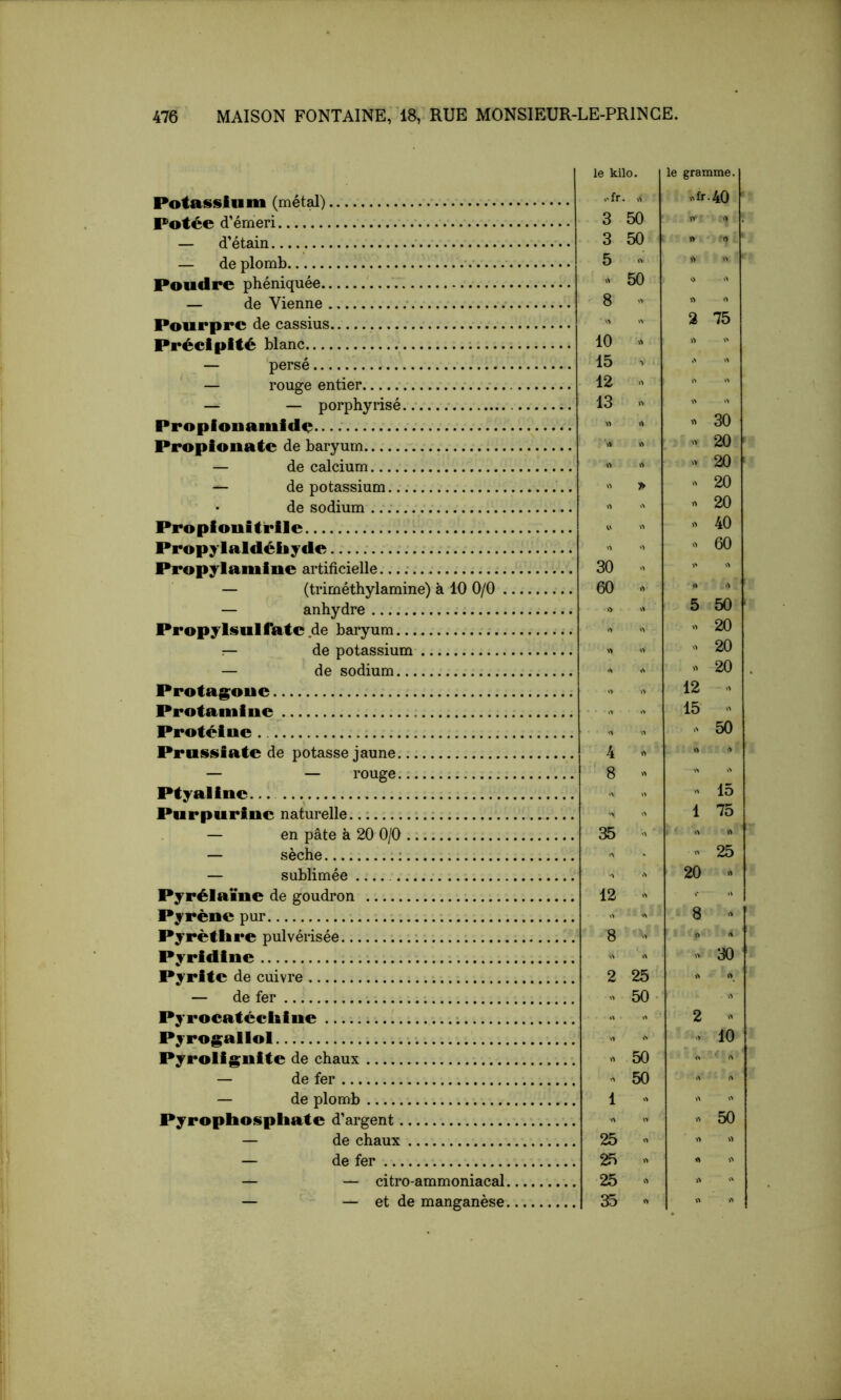 Potassium (métal) Potée d’émeri — d’étain — de plomb Poudre phéniquée — de Vienne Pourpre de cassius Précipité blanc — persé — rouge entier — — porphyrisé Propionamide Propionate de baryum — de calcium — de potassium de sodium .. ; Propionitrile Propyialdéliyde Propylamine artificielle... ; — (triméthylamine) à 10 0/0 . — anhydre Propylsulfate de baryum de potassium — de sodium Protag^oue Protamine Protéine Prussiate de potasse jaune — — rouge Ptyaline Purpurine naturelle.. ; — en pâte à 20 0/0 — sèche ; — sublimée Pyrélaïne de goudron Pyrène pur -. Pyrètbre pulvérisée Pyridine Pyrite de cuivre — de fer Pyrocatéchine Pyrogailol Pyroiignite de chaux — de fer — de plomb Pyropbosphate d’argent — de chaux — de fer — — citro-ammoniacal — — et de manganèse le kilo. le gramme. ofr. » ^'fr-40 3 50 \Y . 3 50 rt 5 - 50 O 8 - 2 75 10 » 15 . 12 13 « « 30 20 ^ » 20 ‘ 20 .> 20 40 60 30 60 >> • î>  5 50 O . 20 >> 20 -> 20 12 > .1 » 15 50 4 « 8 » « A »  15 1 75 , 35 - 25 20 » 12 > 8 8 » A » 30 2 25 rt i> 50- » 2 <> 10 . 50 ■> 50 1 50 25 25 » O V' 25 . 35