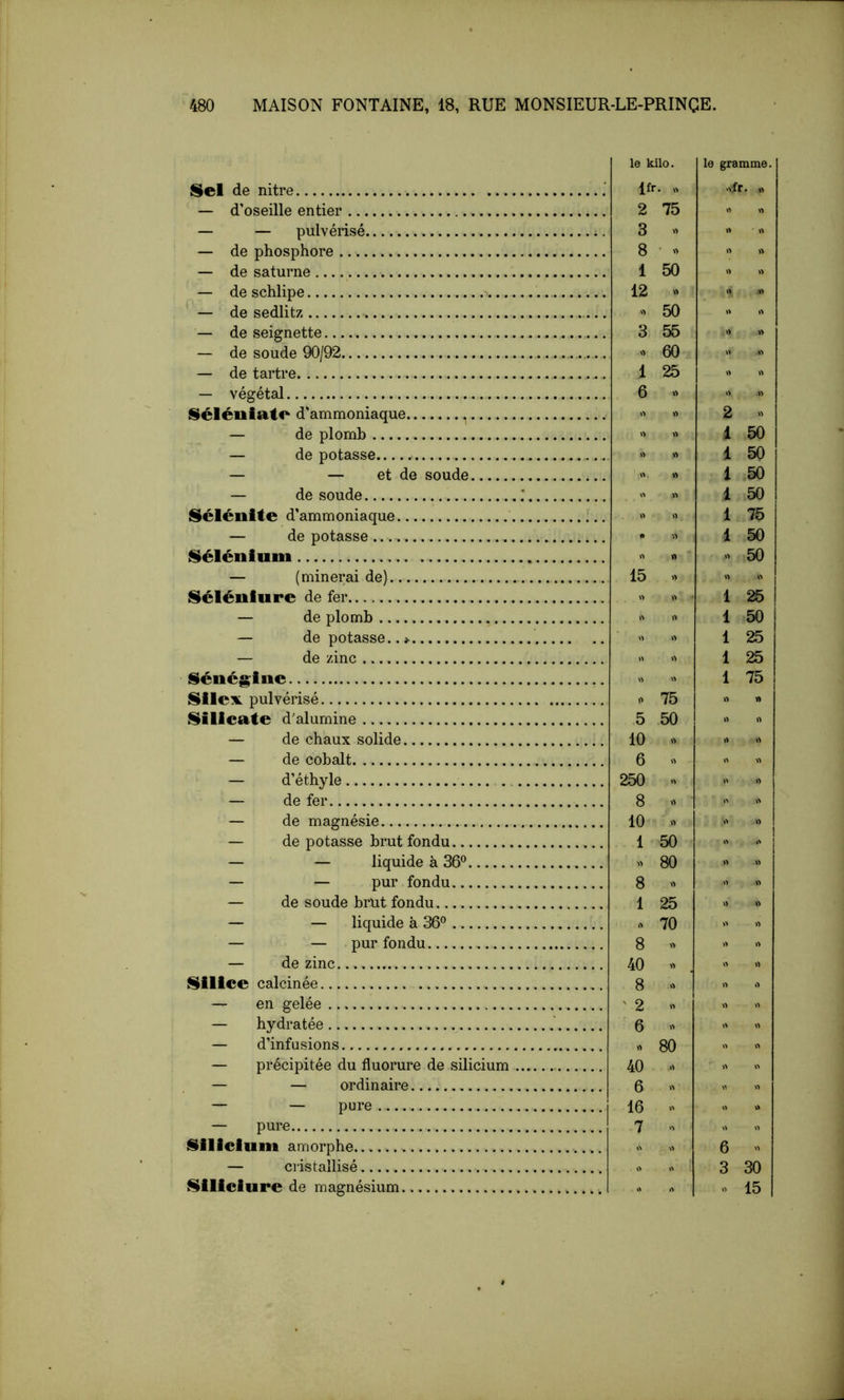 Sel de nitre — d’oseille entier — — pulvérisé — de phosphore — de Saturne — de schlipe %.. — de sedlitz — de seignette — de soude 90/92 — de tartre — végétal Séléniate d’ammoniaque , — de plomb — dépotasse..... — — et de soude — de soude Sélénlte d’ammoniaque — de potasse Sélénium — (minerai de) Séléniure de fer — de plomb — de potasse.. * — de zinc Séuég;ine Silex, pulvérisé Silicate d'alumine — de chaux solide — de cobalt — d’éthyle . — de fer — de magnésie — de potasse brut fondu — — liquide à 36® — — pur fondu — de soude brut fondu — — liquide à 36® — — pur fondu — de zinc Silice calcinée — en gelée — hydratée — d’infusions — précipitée du fluorure de silicium — — ordinaire — — pure — pure Silicium amorphe — cristallisé Slllciure de magnésium le kilo. Ifr. » 2 75 3 « 8 ■ « 1 50 12 « » 50 3 55 « 60 1 25 6 15 .> 75 5 50 10 6 « 250 8 « 10 « 1 50 « 80 8 « 1 25 70 8 « 40 » 8 ' 2 6 « « 80 40 6 « 16 7 » le gramme, .y fr. w » 2 1 1 1 1 1 1 1 1 1 1 1 75 » 6 - 3 30 » 15 SSSSS5S . Sggg .